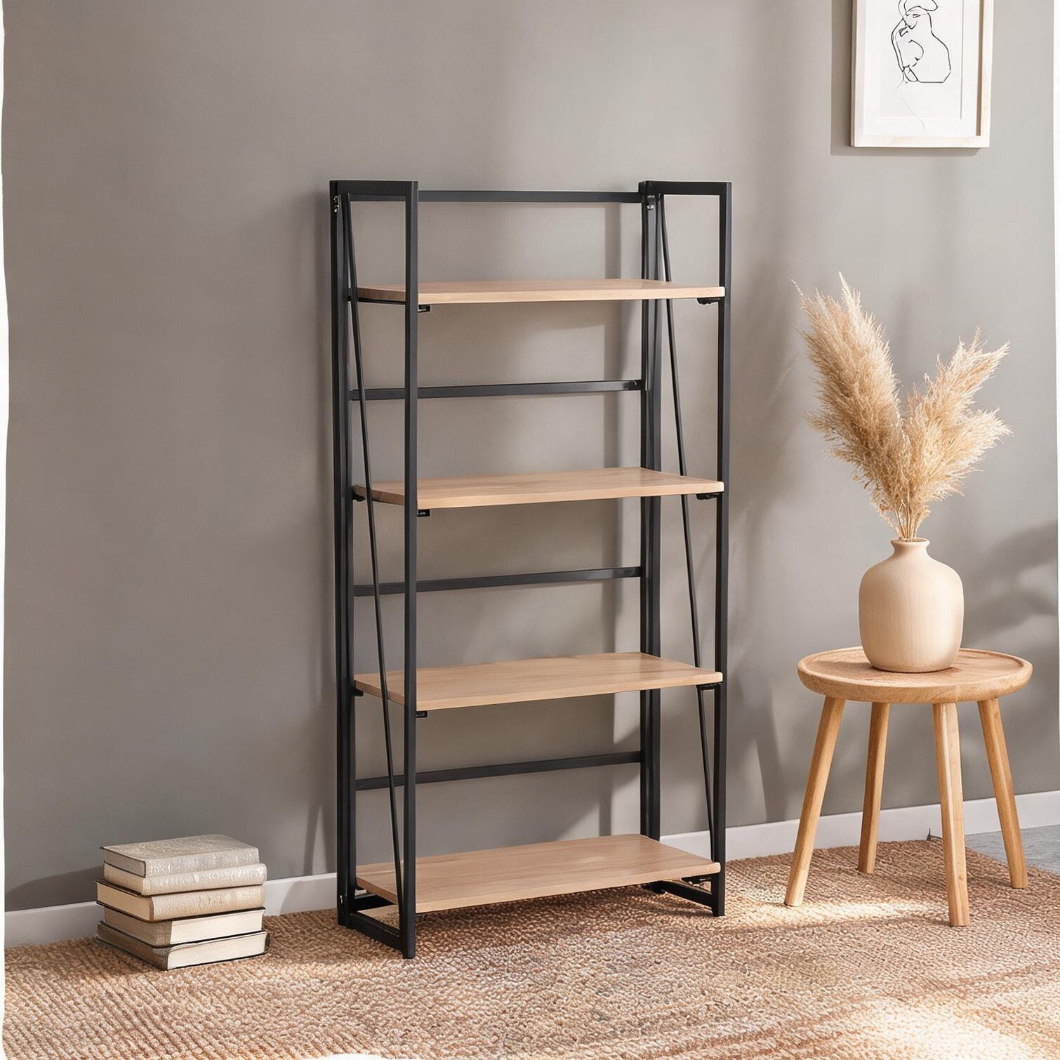 FlowLuxe Freestanding Bookcase with Four Open Wood Shelves in Warm Natural Finish and Sturdy Black Metal Frame 49.25 Tall Display Organizer