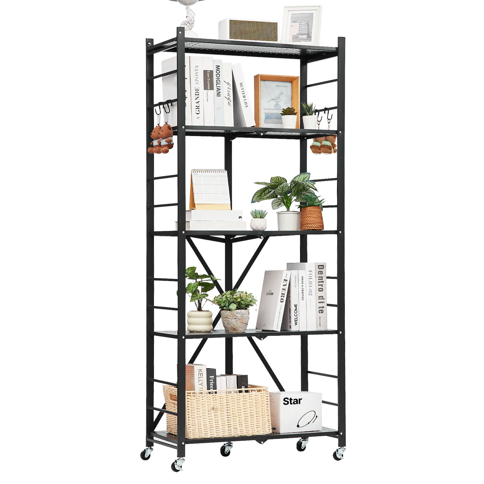 Wooakway 5-Tier Foldable Metal Storage Shelf with Wheels Heavy Duty Organizer for Home Garage