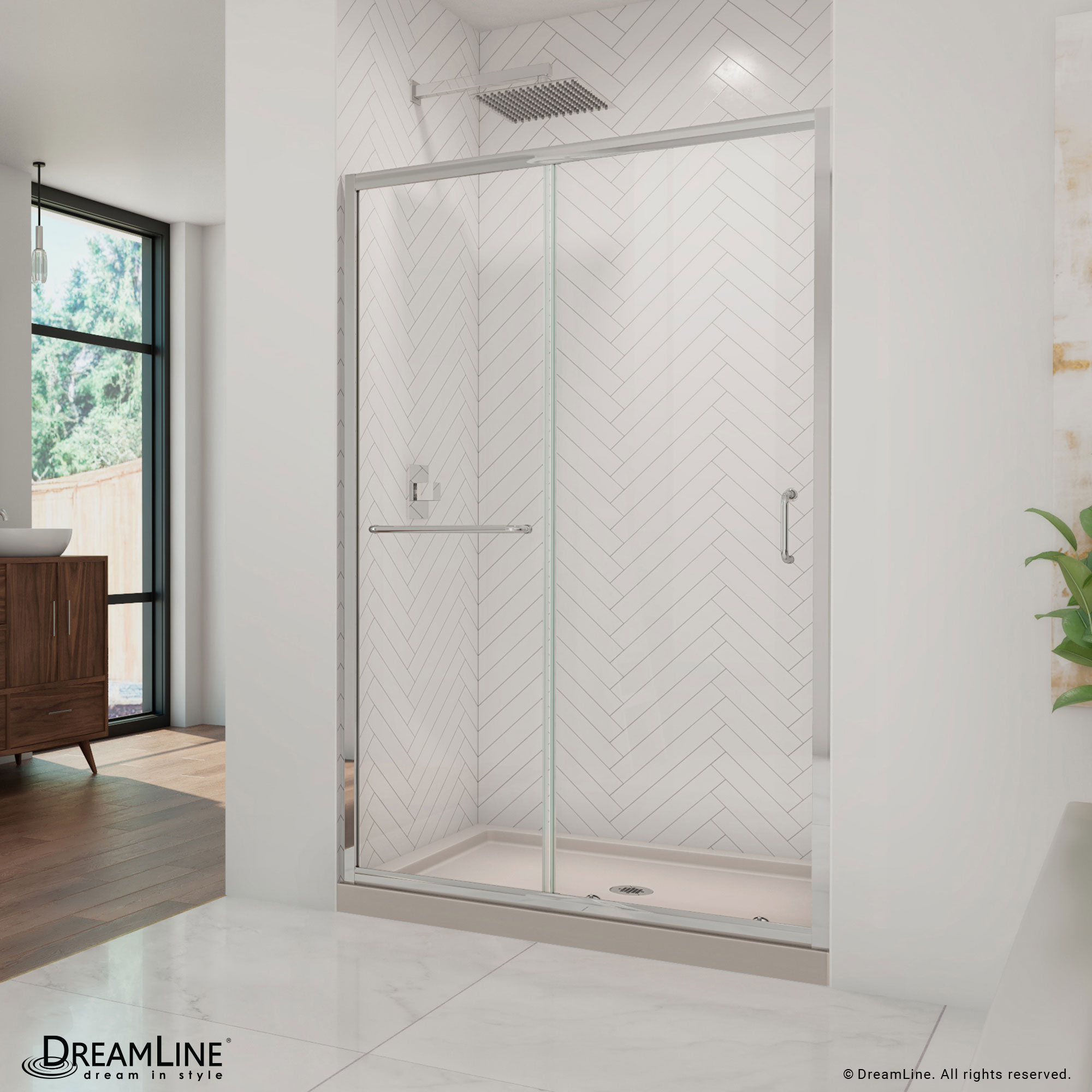 DreamLine DL-6975C-22-01 Infinity-Z 2 -Piece 48-in W x 36-in L x 75-in H Rectangular Alcove shower kit ( Center Drain) Base and Door Chrome Hardware Included