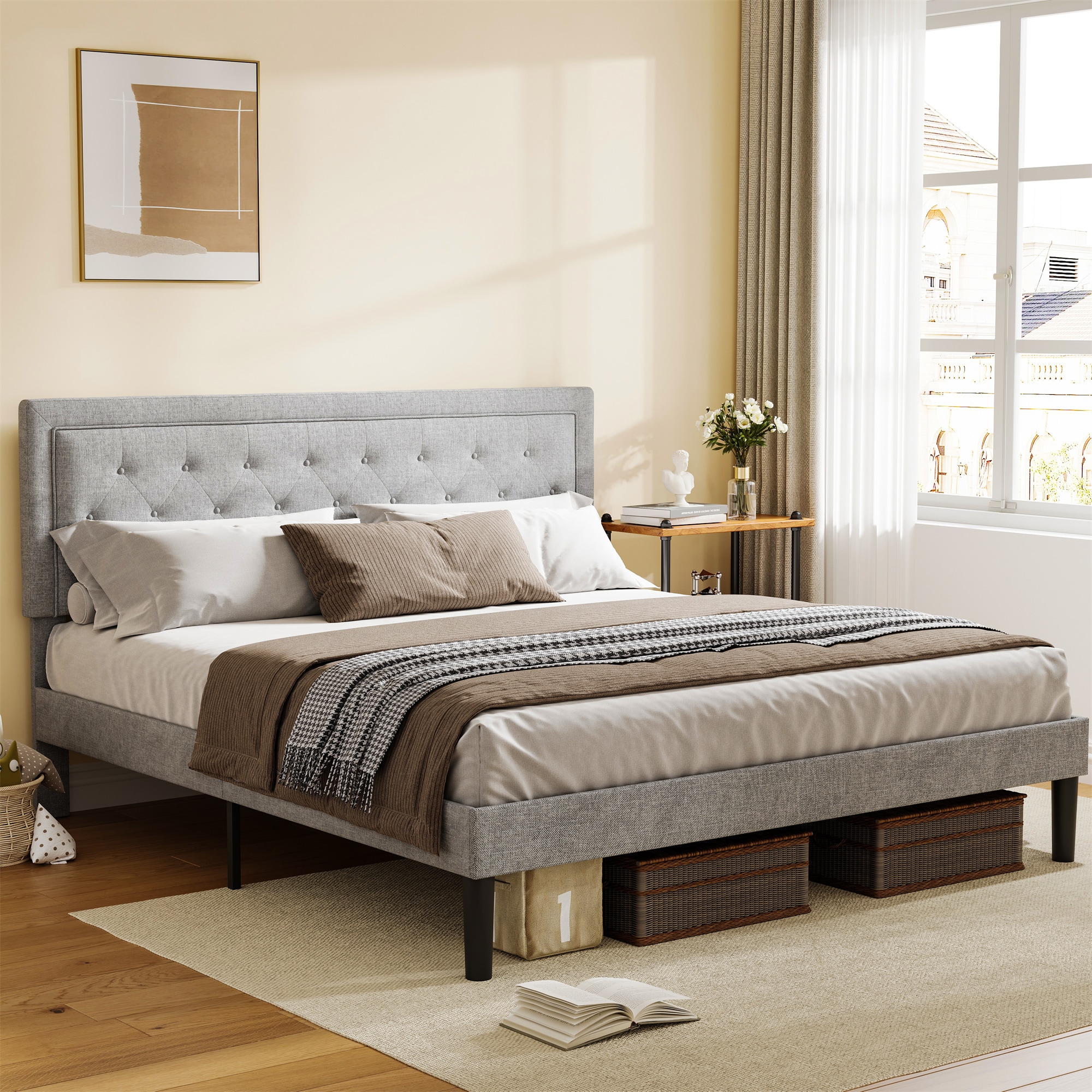 BABOOM Bed Frame Queen Size Light Grey Queen Metal Platform Bed in the ...