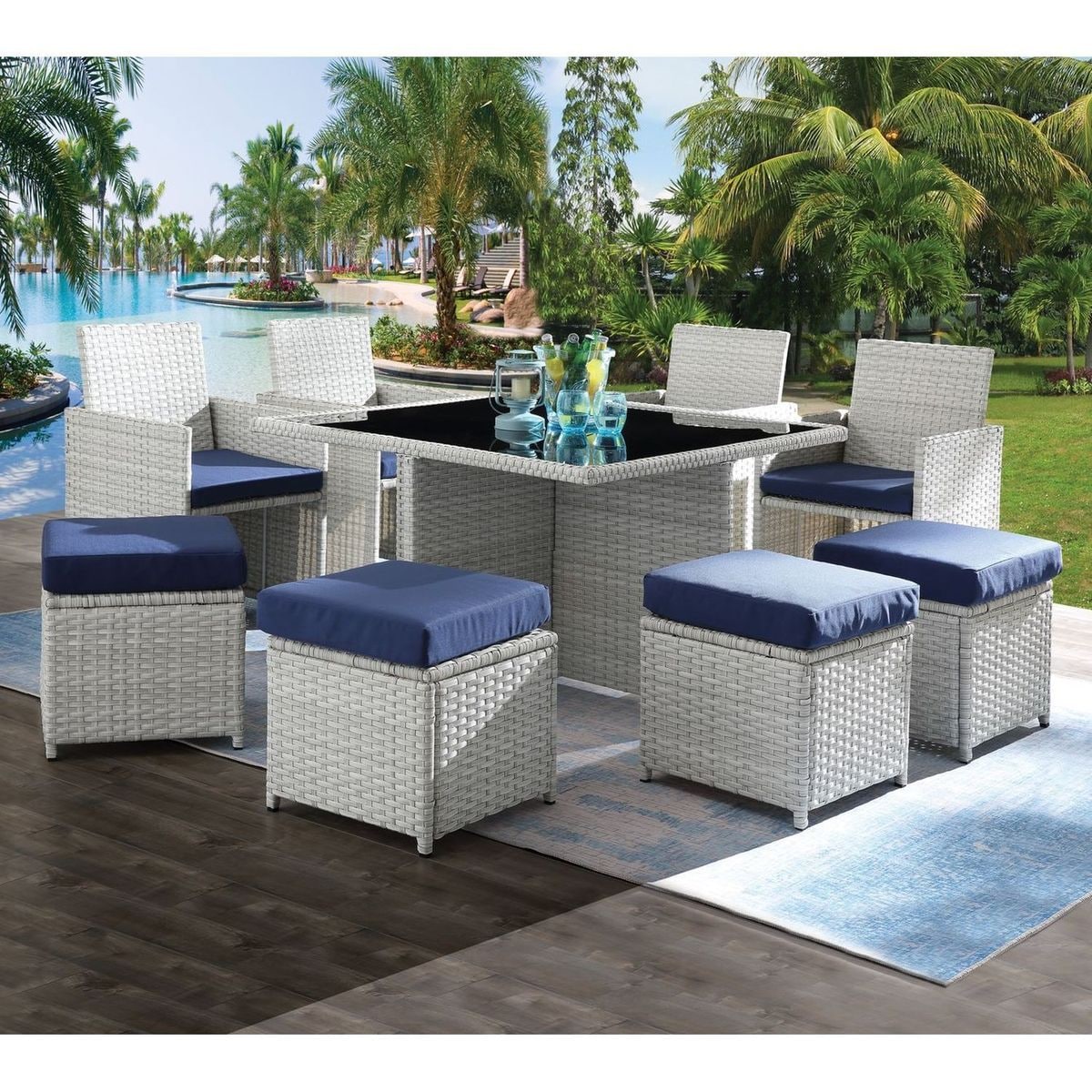 JASMODER 45075 Rattan Outdoor Sectional with Blue and