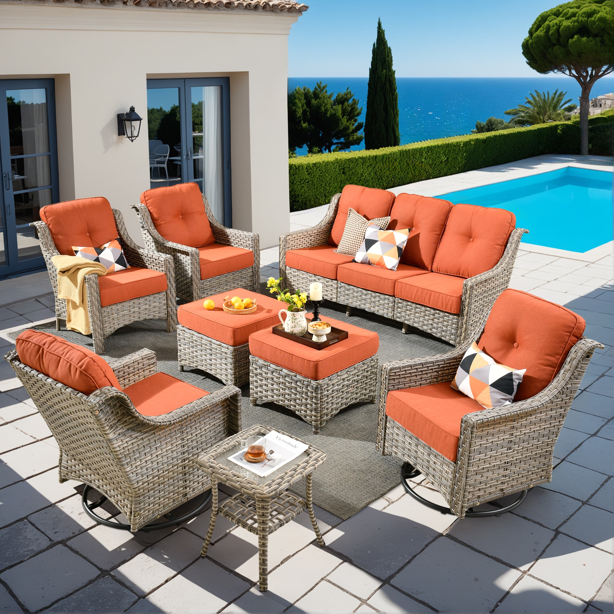 XIZZI XIPAD8C085-RC3 Pyrophyllite 8 -Piece Rattan Patio Sofa Conversation Set with Orange Cushions