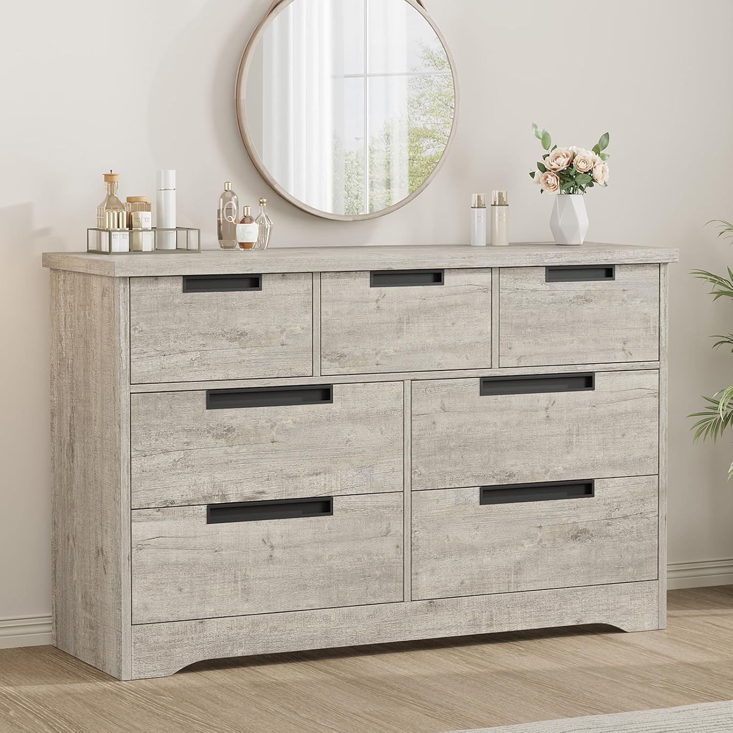 Qeetex LSDIBPHK338W6WKL Gray Seven Drawer Modern Dresser With Embedded Handles For Bedroom Living Room And Nursery Storage