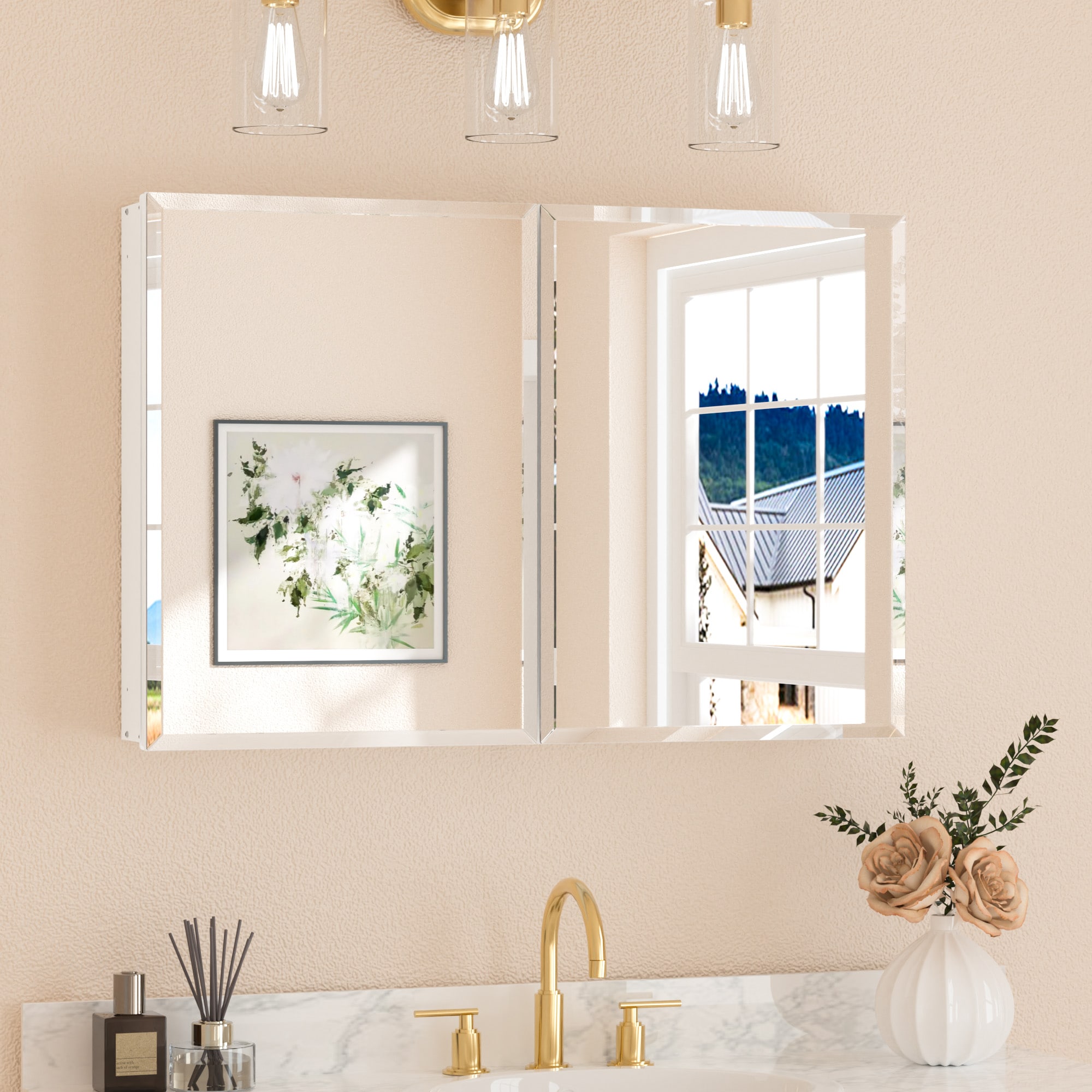 Keonjinn LW-JG-FJXP-9161-WH 36-in x 24-in Surface/Recessed Mount White Mirrored Rectangle Soft Close Medicine Cabinet