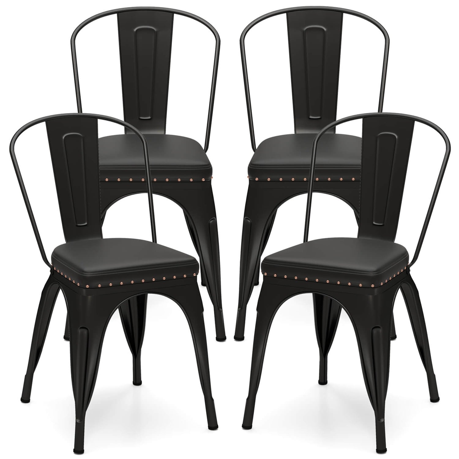 Costway -  Stackable Metal Dining Chairs Set of 4 with Backrest and PU Leather Padded Seat Black
