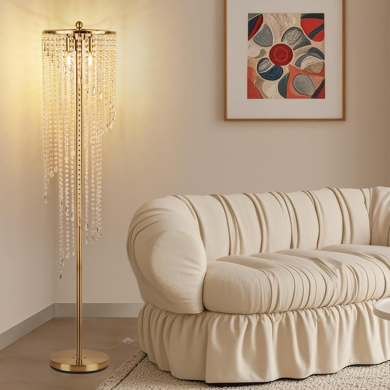Cinoton Gold Floor Lamps for Living Room Tall Lamp for Corner Modern Floor Lamp with Double Layer Crystal Lamp Shade Standing Lamp for Bedroom Office Reading