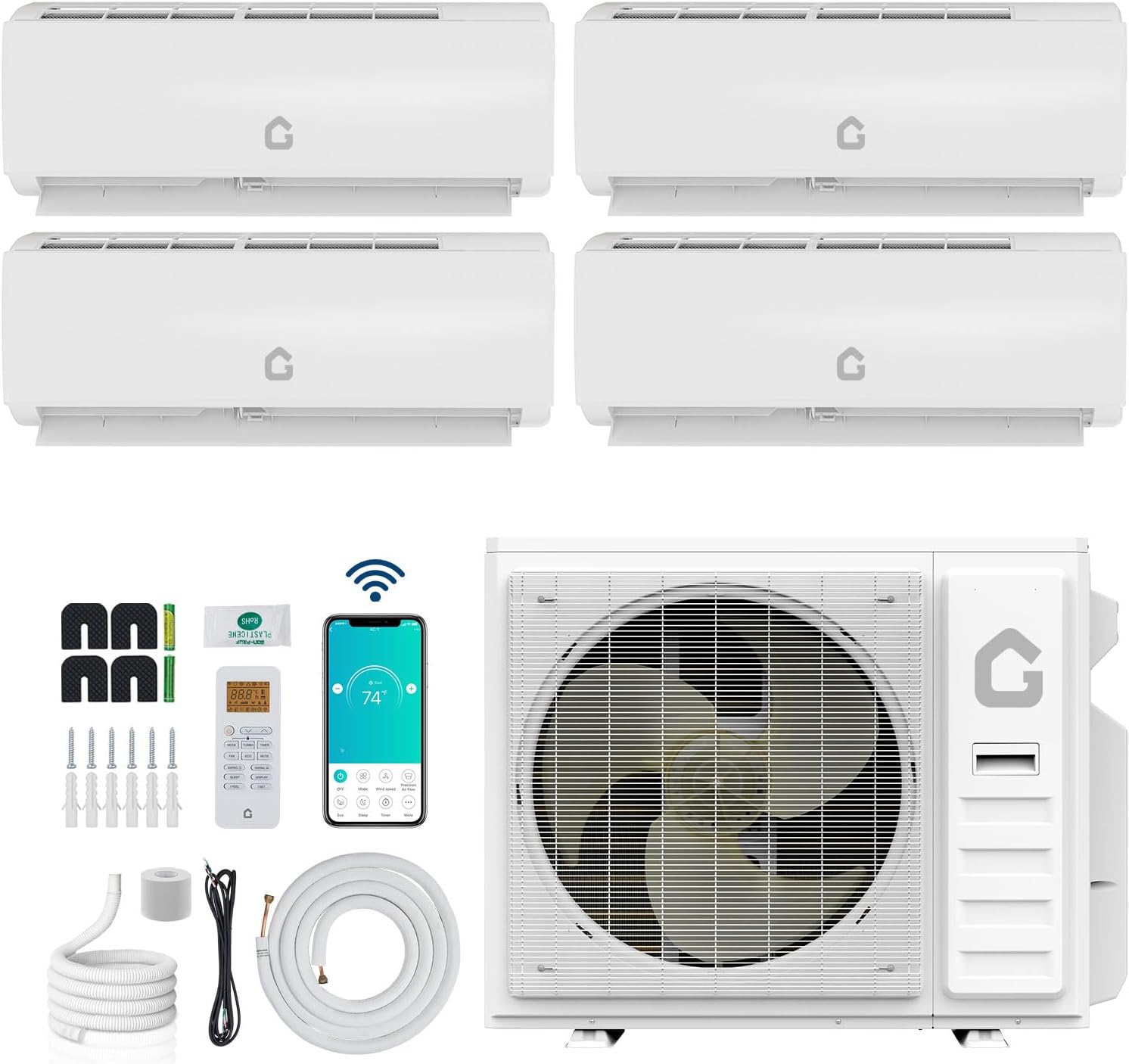 Garvee 35000 BTU 4 Zone Mini Split AC Heating System Wifi Enabled 19 SEER2 208 to 230V 9000 and 9000 and9000and 9000 BTU Ductless Split Unit AC w Pre Charged Condenser Heat Pump
