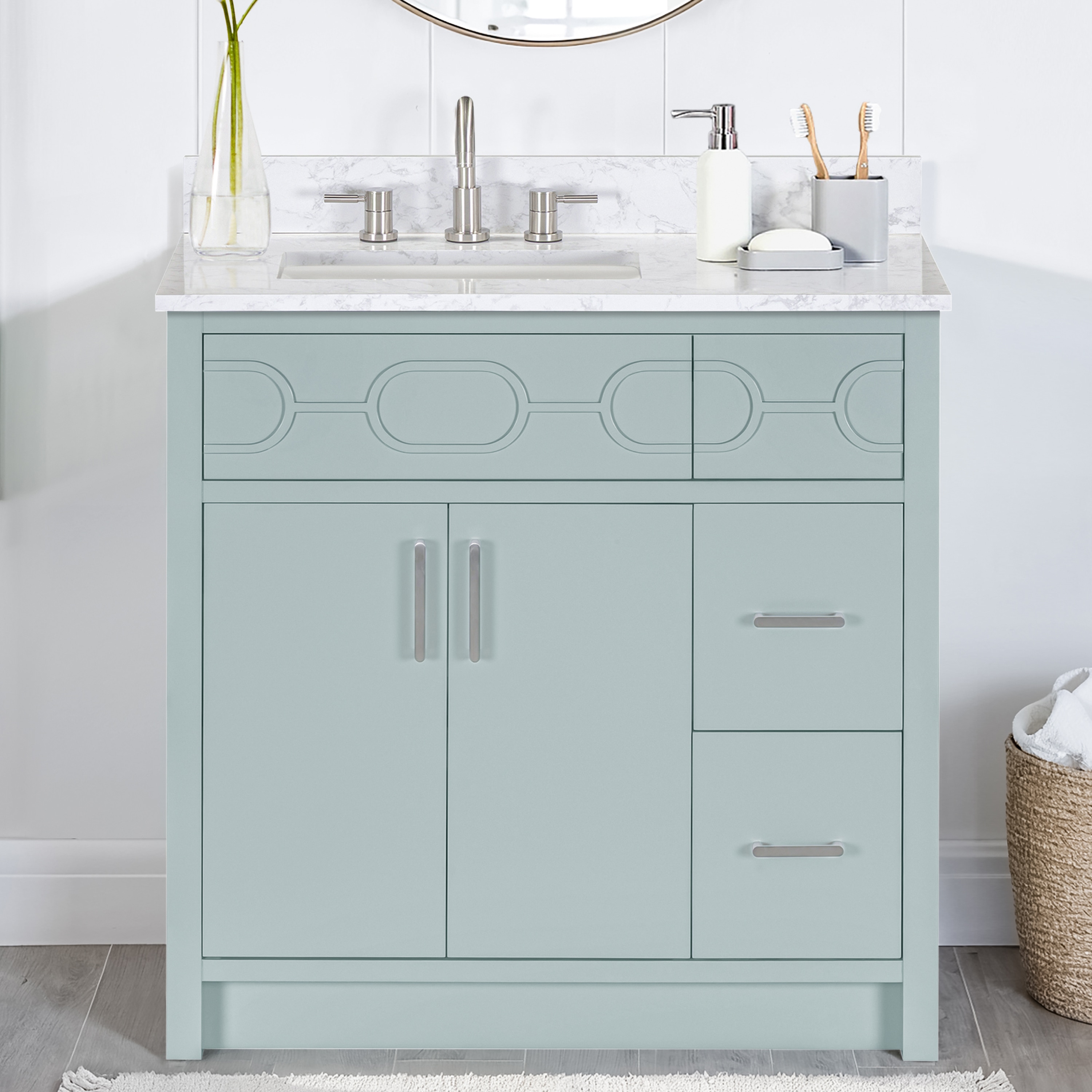 allen + roth Henley Pewter Blue Undermount Single Sink Bathroom Vanity with Carrara White Engineered Stone Top