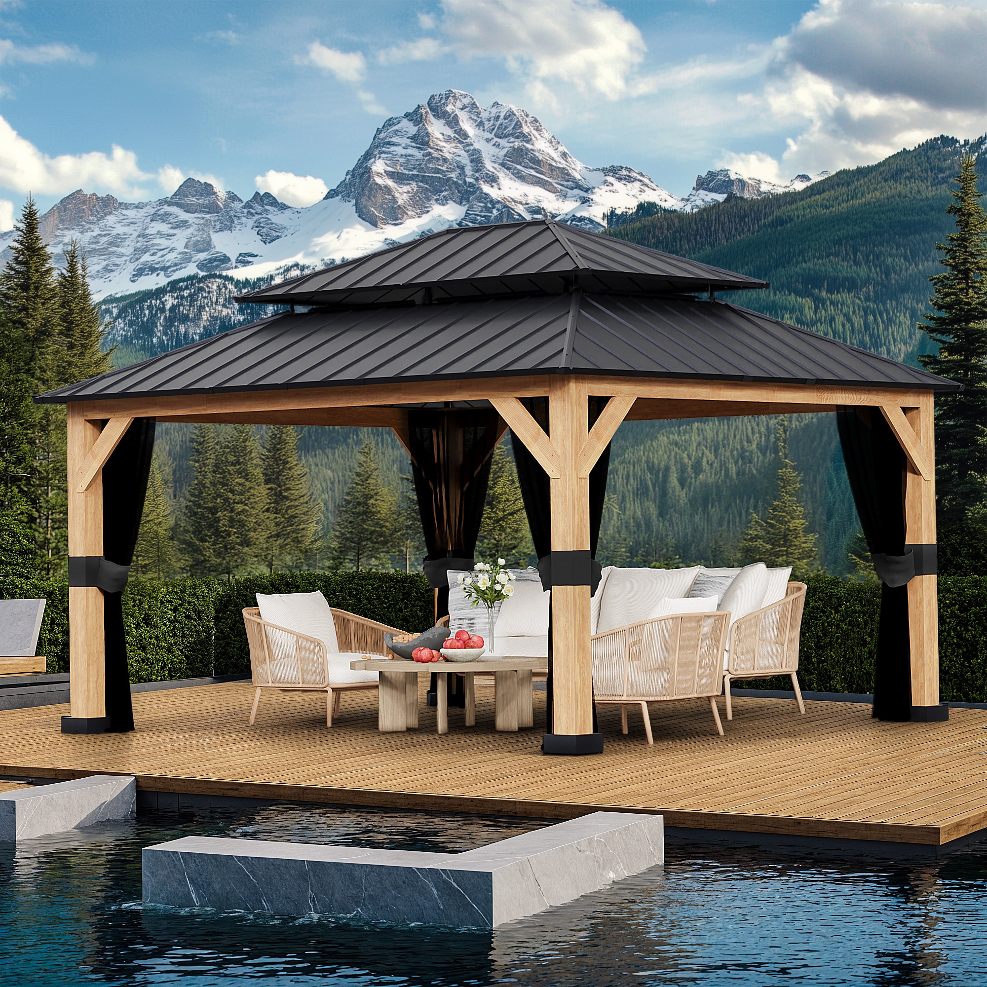 Gardenbee HGL-A31 13 x 11 Brown Gazebo with Hardtop Roof (Screen Included)