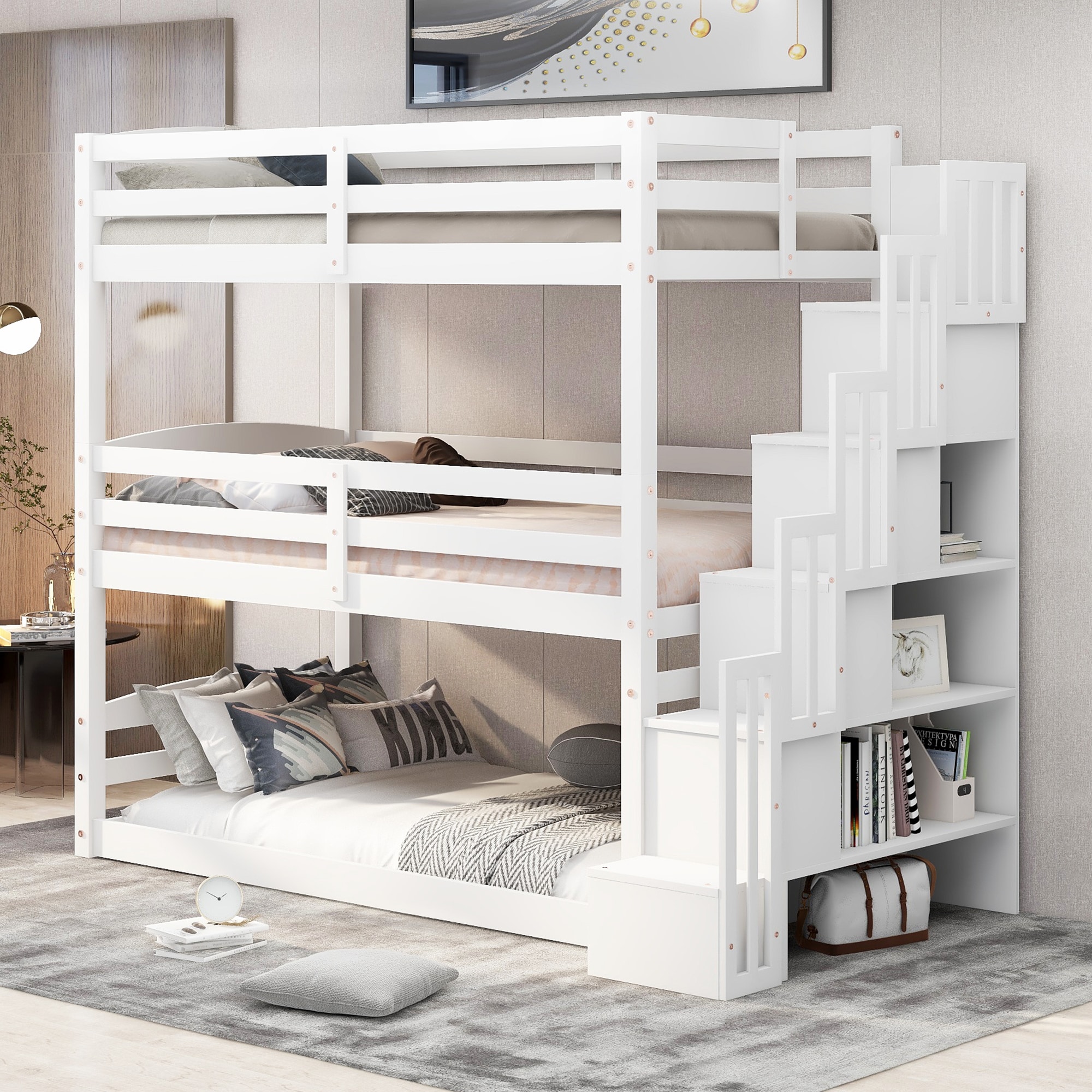 ModernLuxe GX000413AAK Twin Size Triple Bunk Bed with Storage StaircaseSeparate DesignWhite