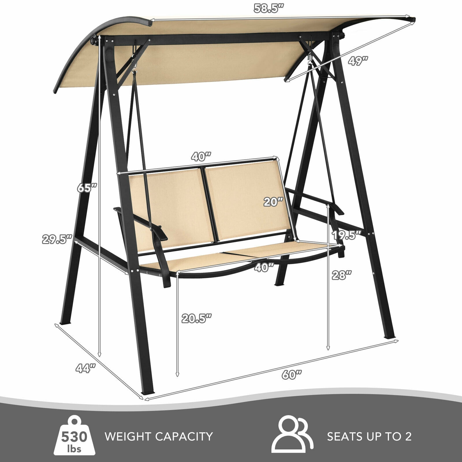 Clihome Porch Swing 2-person Black Steel Outdoor Swing Cwch-np10ad205be 