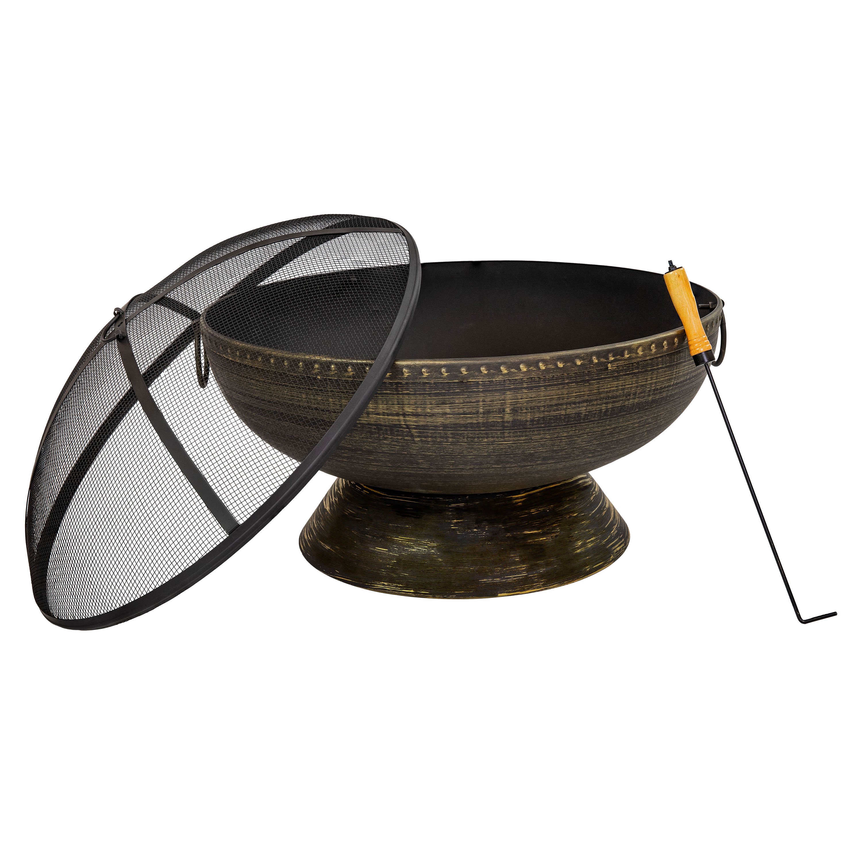 30" Black and Bronze Steel Wood-Burning Fire Pit with Screen and Poker