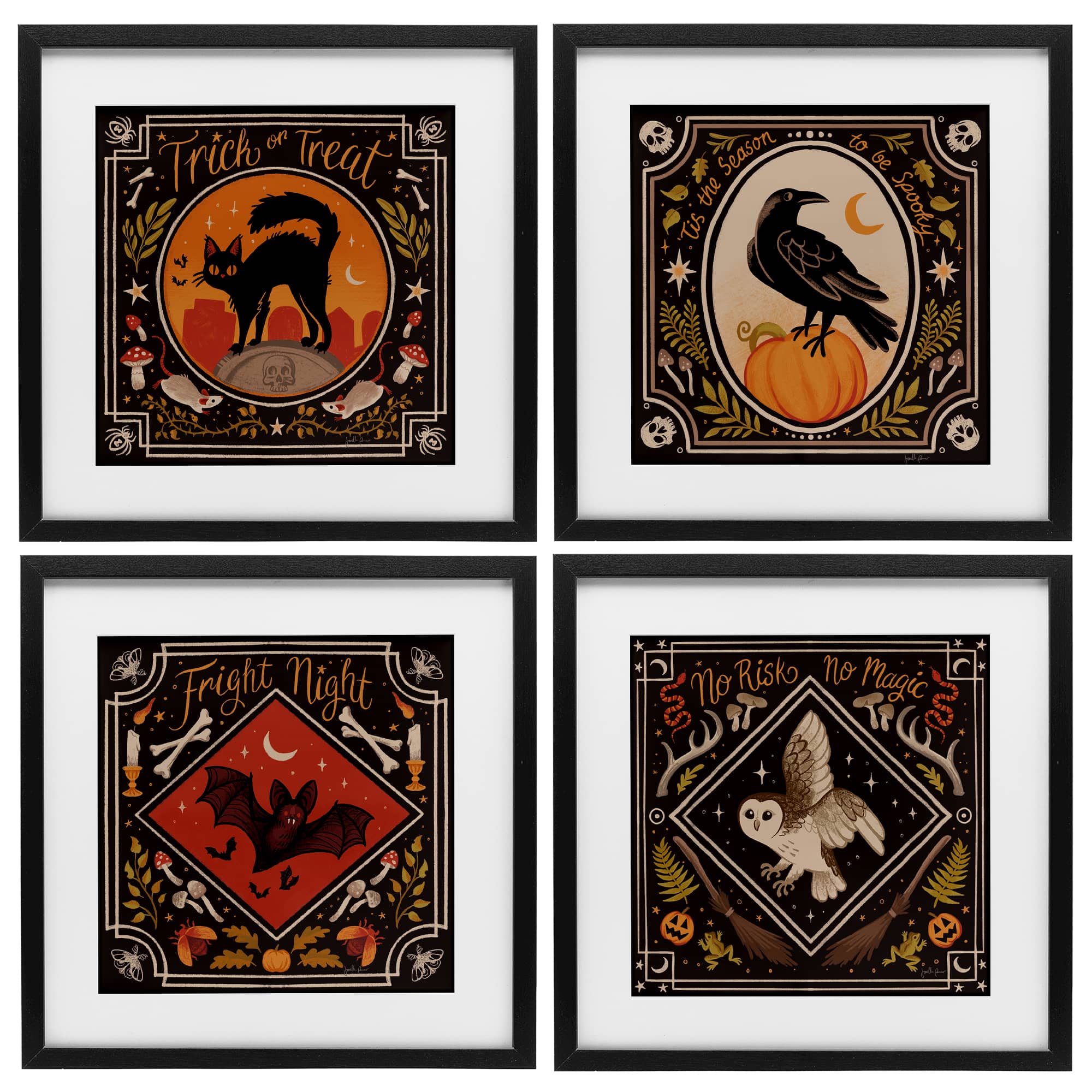 Stupell Industries A4-309-MFB-4PC-13X13 Spooky Season Animals Black 4pc Framed Print Under Glass Set 13 x 13
