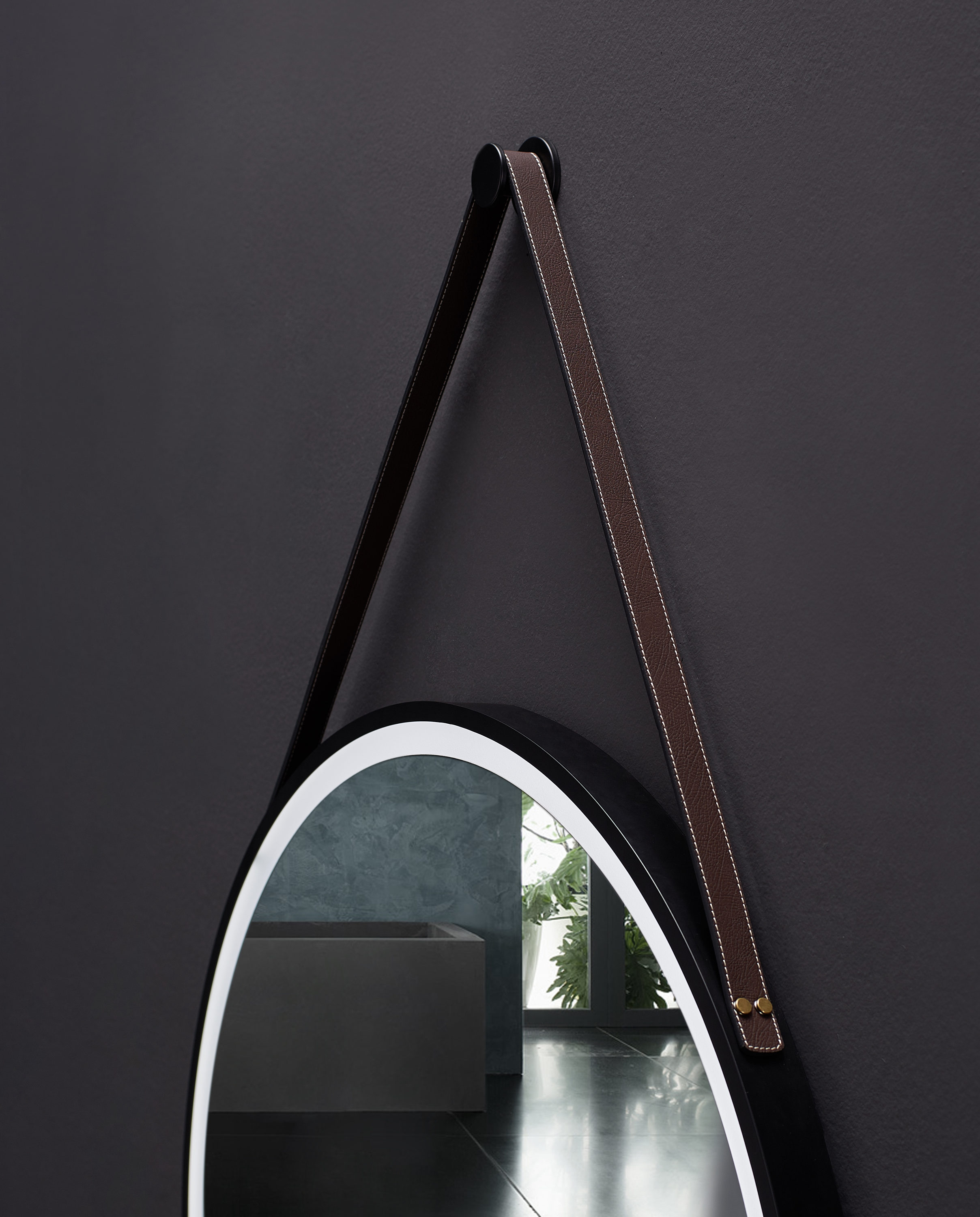 Ancerre Designs Sangle 30 in. Round LED Black Framed Mirror with Defogger and Vegan Leather Strap