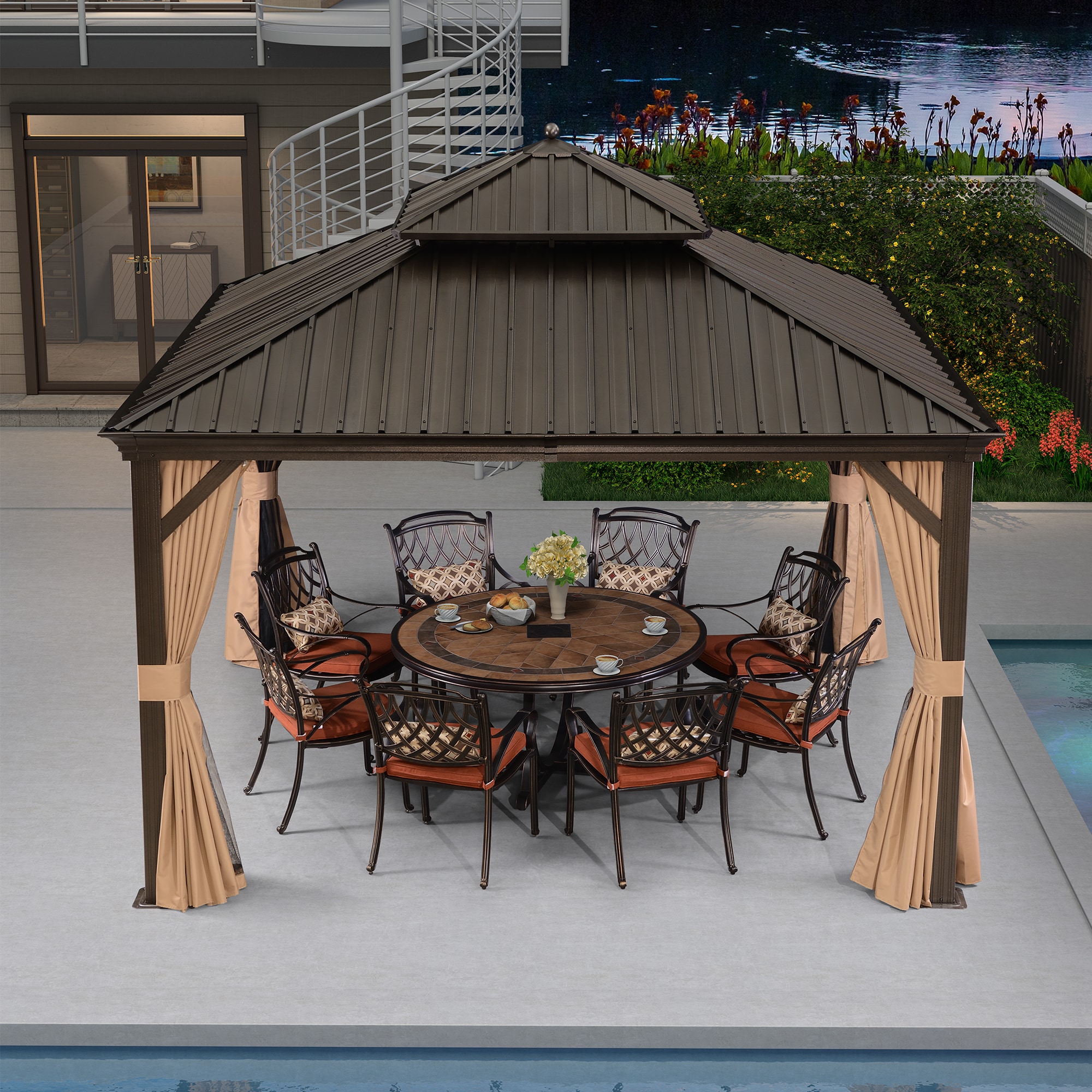 12-ft x 12-ft Brown Aluminum Hardtop Gazebo with Steel Roof and Curtains