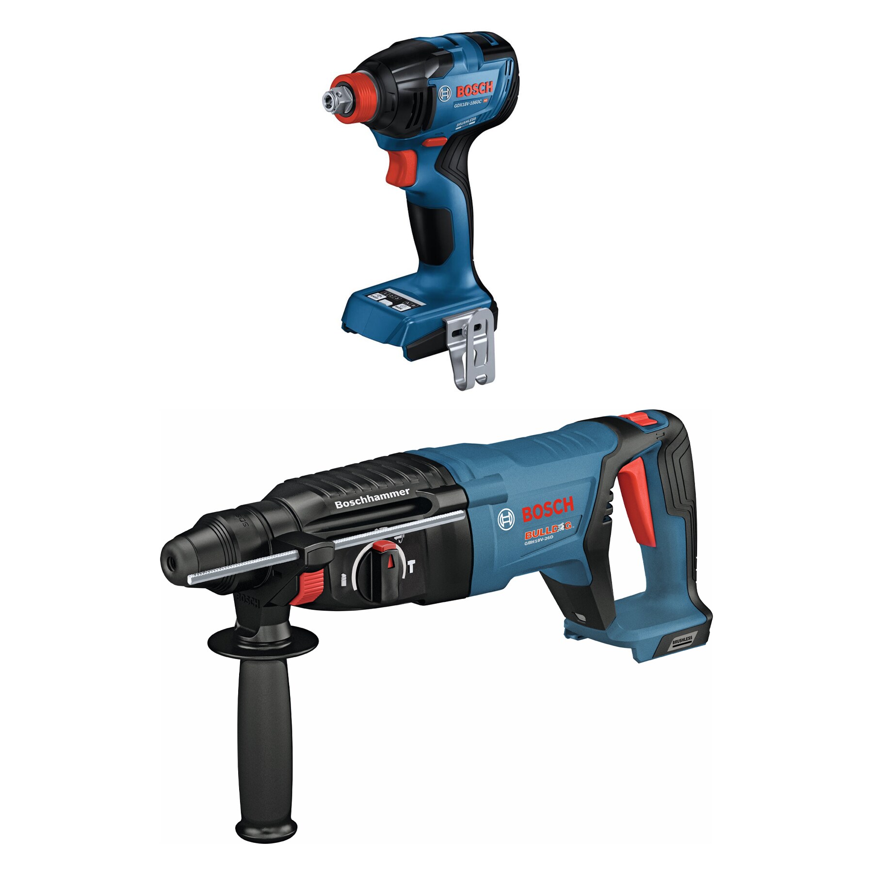 Bosch GBH18V-26DN 18V Brushless SDS-plus Bulldog™ 1 In. Rotary Hammer (Bare Tool) and GDX18V-1860CN 18V Two-In-One 1/4 In. and 1/2 In. Bit/Socket