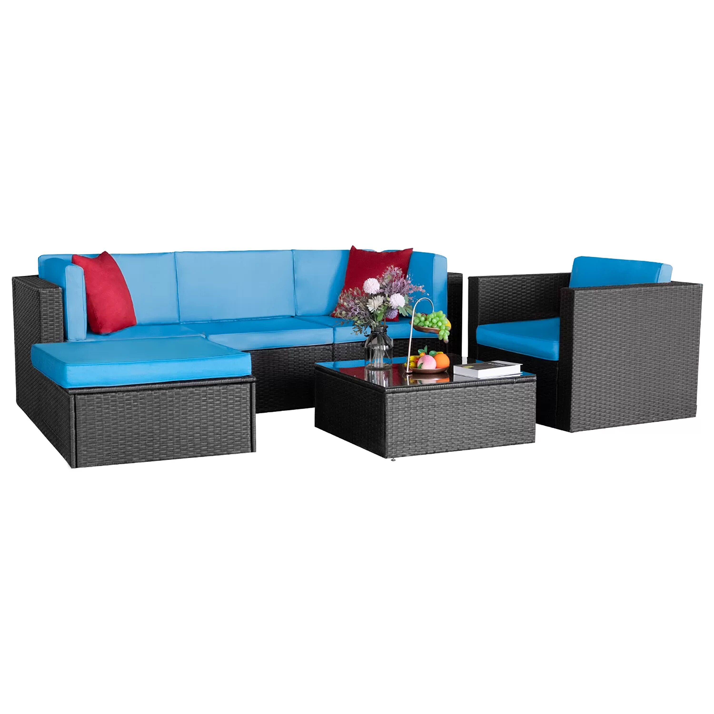 Vineego LS-61AS01SS01OT003 6 -Piece Wicker 2 Patio Sofa Conversation Set with Blue Cushions