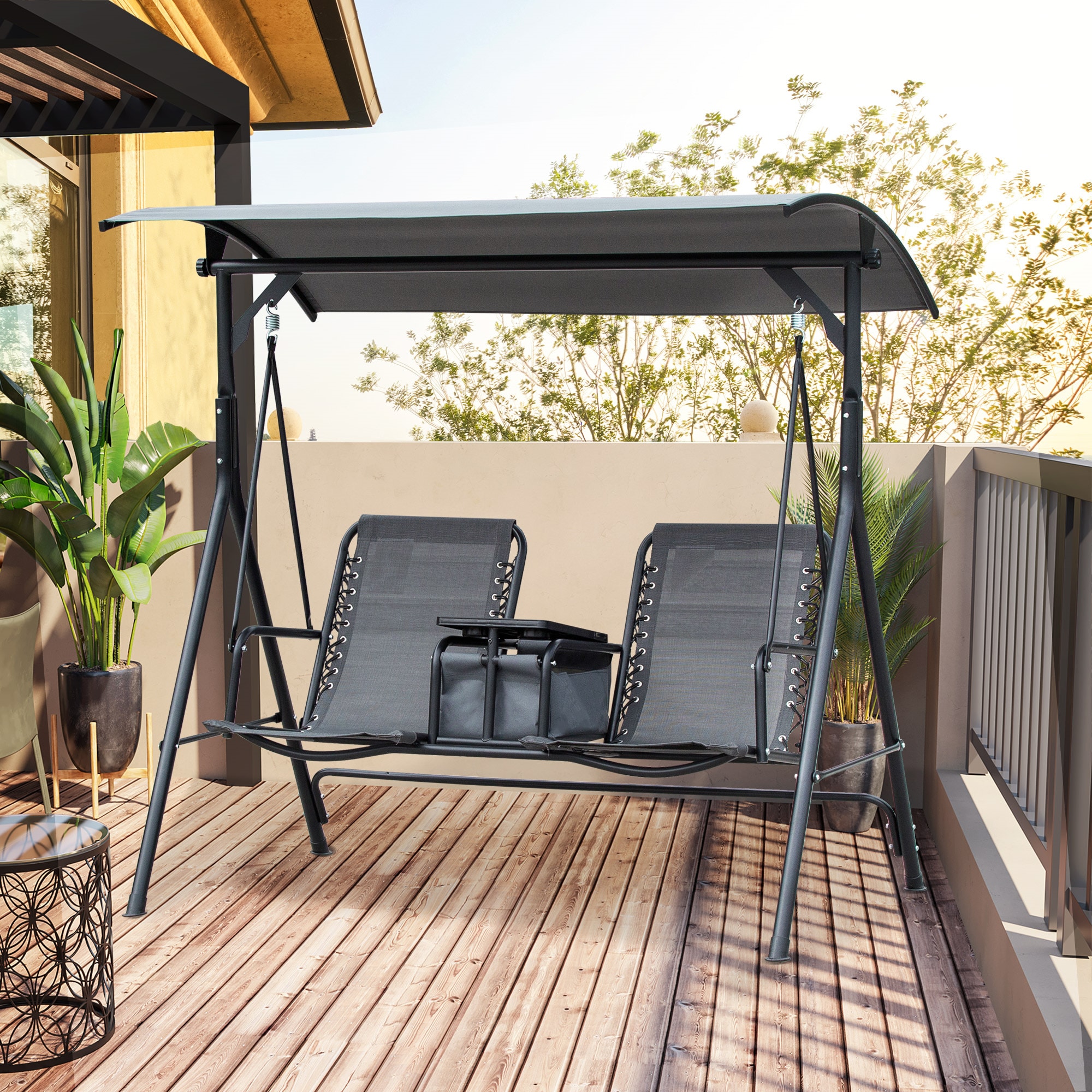 BABOOM BOM-P174122-OR Porch Swing with Pivot Storage Table 2 -person Gray Steel Outdoor Swing