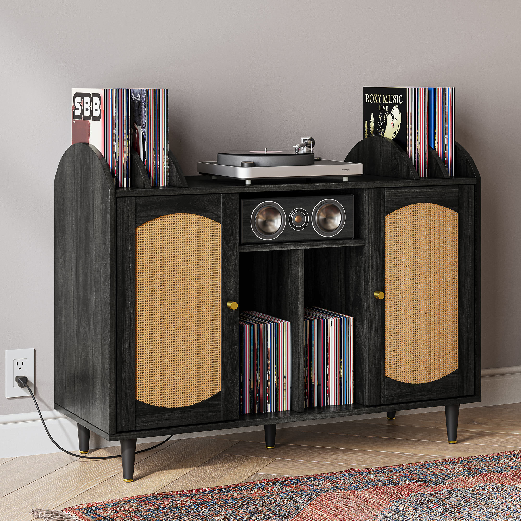Belleze Mid Century Record Player Stand Vinyl Record Storage