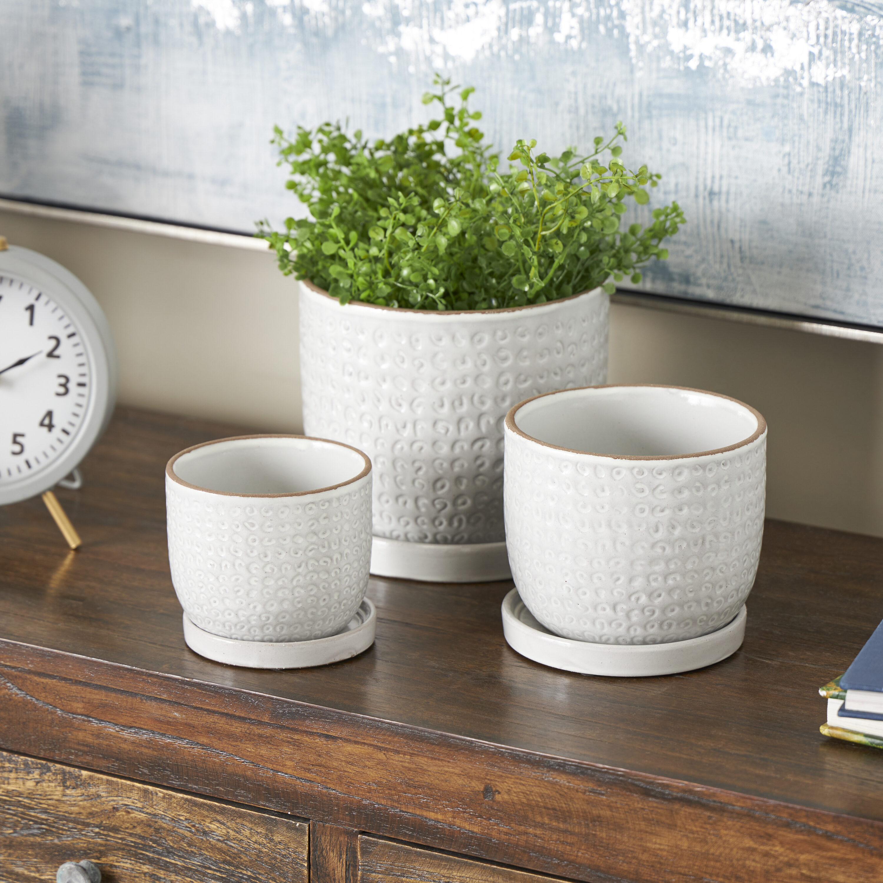 Grayson Lane 823525 3 -Pack Round 7.05-in W Small White Ceramic Outdoor Planter with Drainage Holes