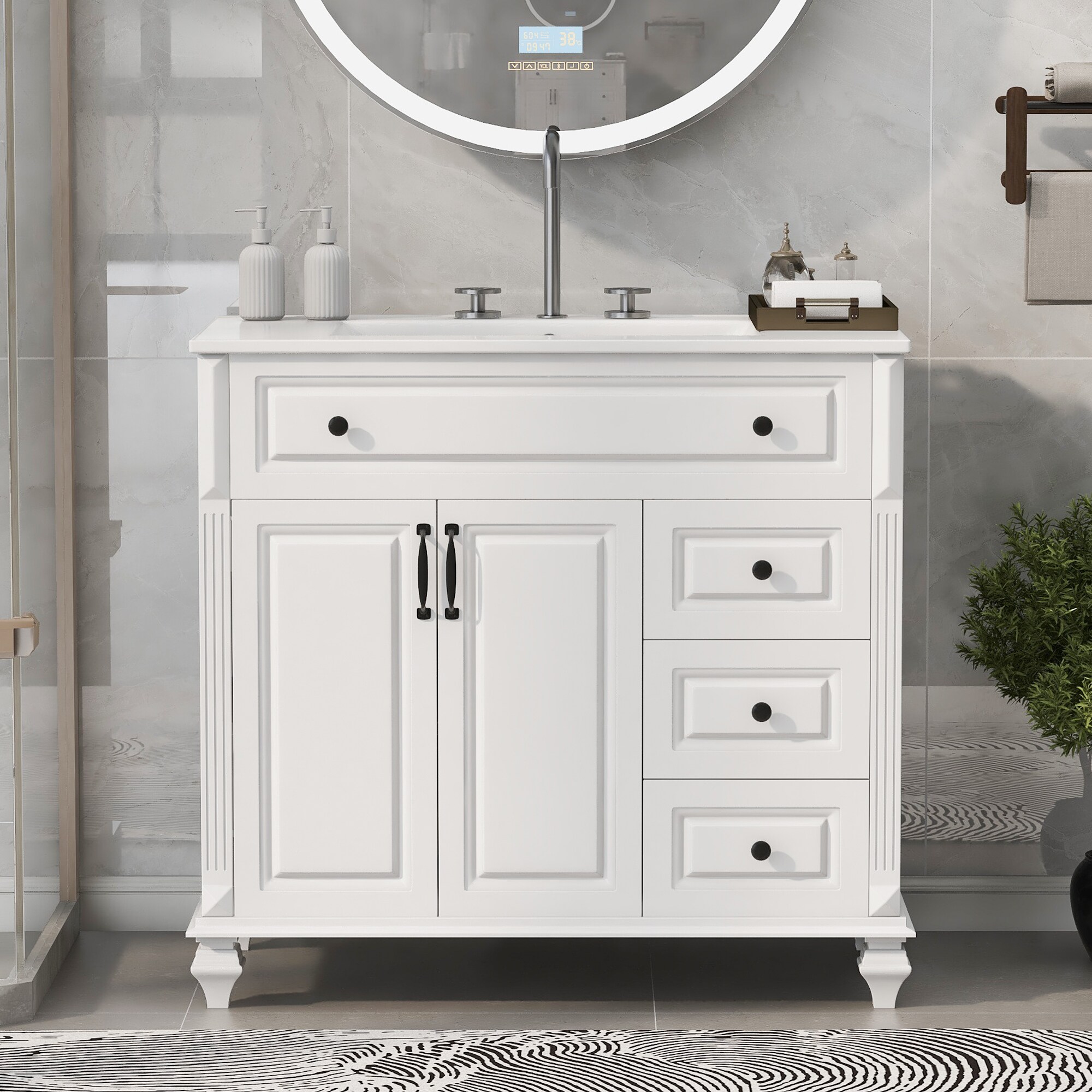 GDFStudio Valente 36 in. Freestanding Bathroom Vanity with Integrated Ceramic Sink Flip Drawer and 3 Soft Close Drawers Dual Door Cabinet - White