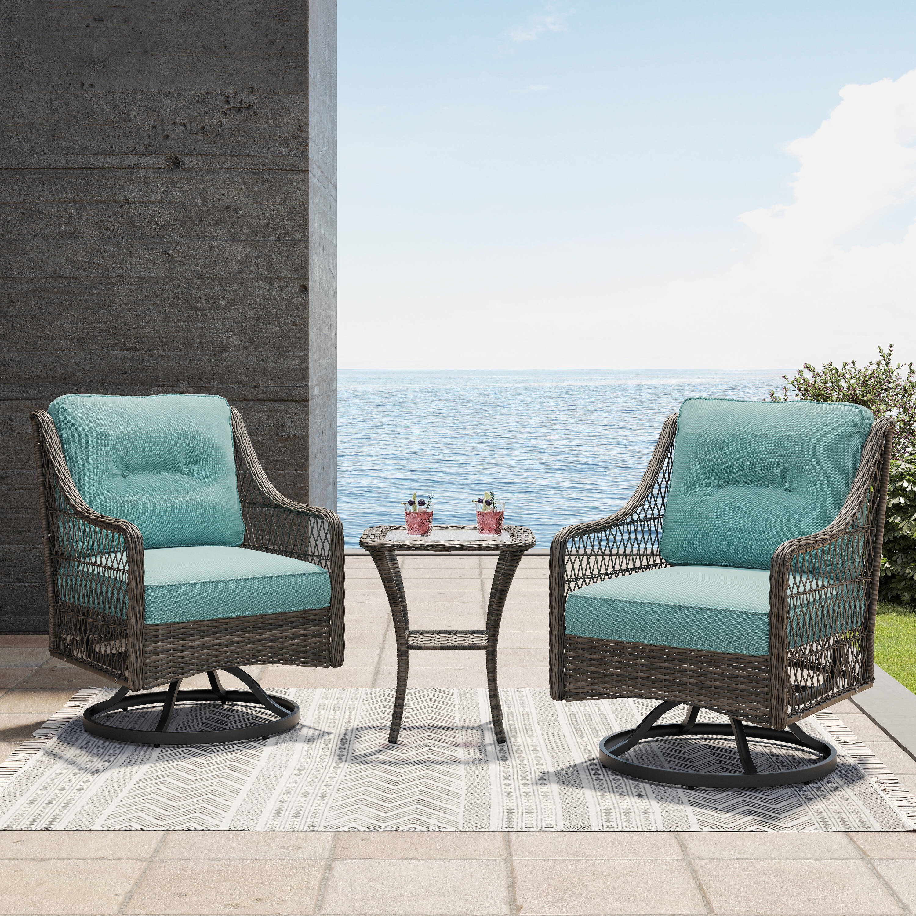 Octans SL2C00133 3 -Piece Wicker Patio Conversation Set with Blue Cushions