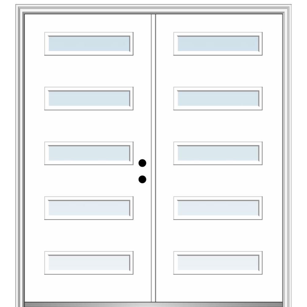MMI DOOR ZZ349153L Spotlights 72-in x 80-in x 6-9/16-in Fiberglass Pulse lite Left-hand inswing Brilliant White Painted Prehung Double Front Door with Brickmould Insulating core