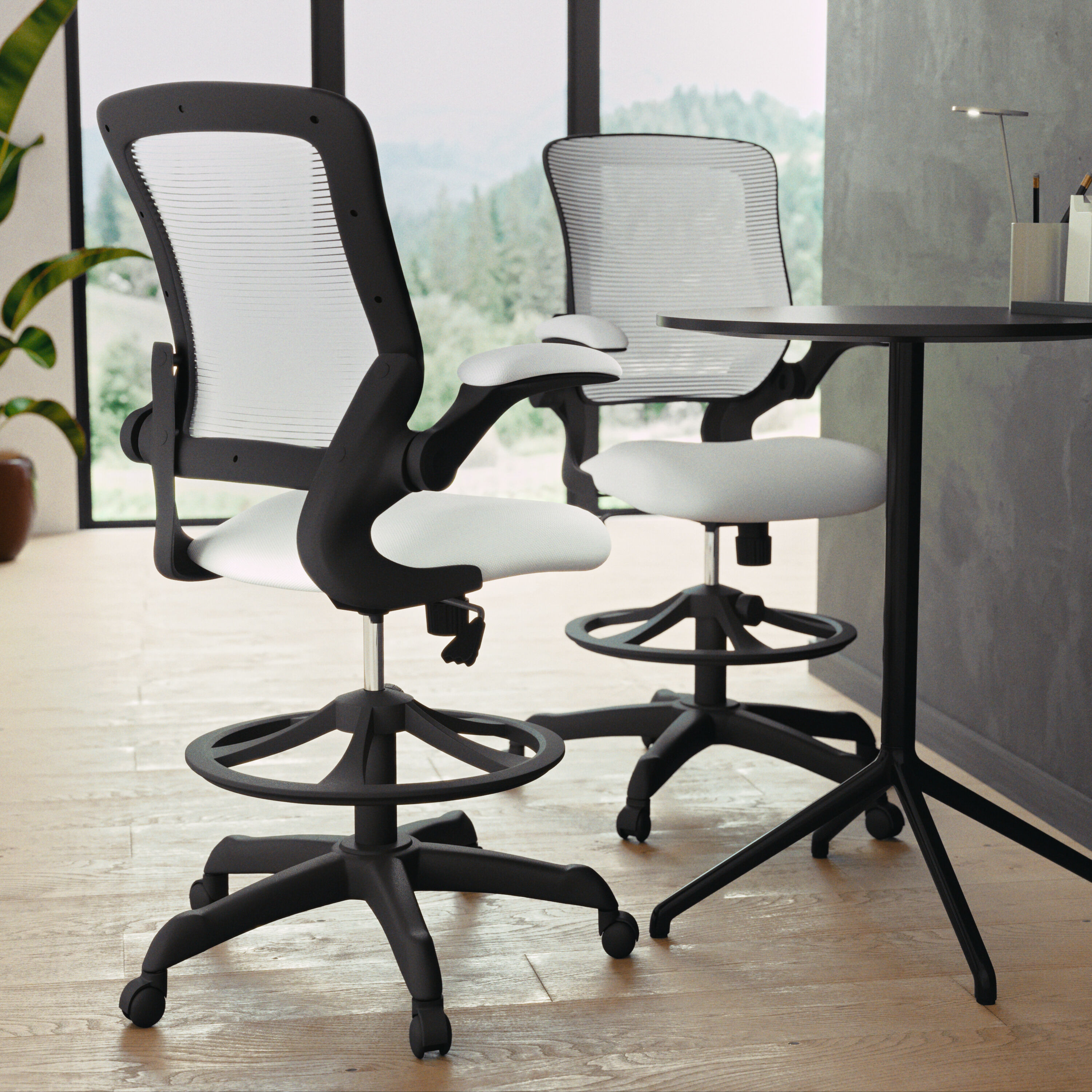 White Mesh Ergonomic Drafting Chair with Adjustable Foot Ring