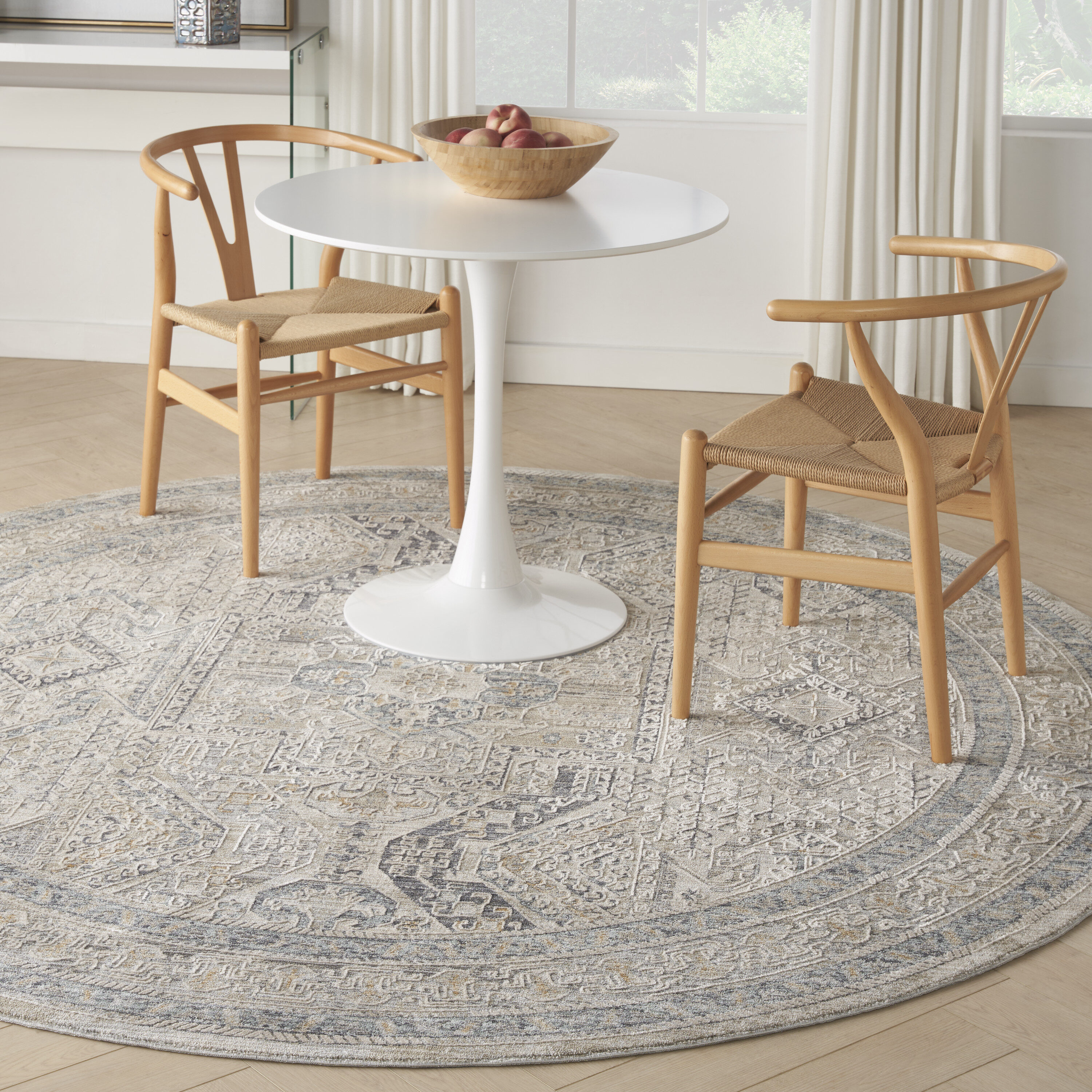 Nourison 099446103697 Nyle 8 x 8 (ft) Loomed Polyester Ivory/Grey/Blue Round Indoor Tribal Vintage Area rug