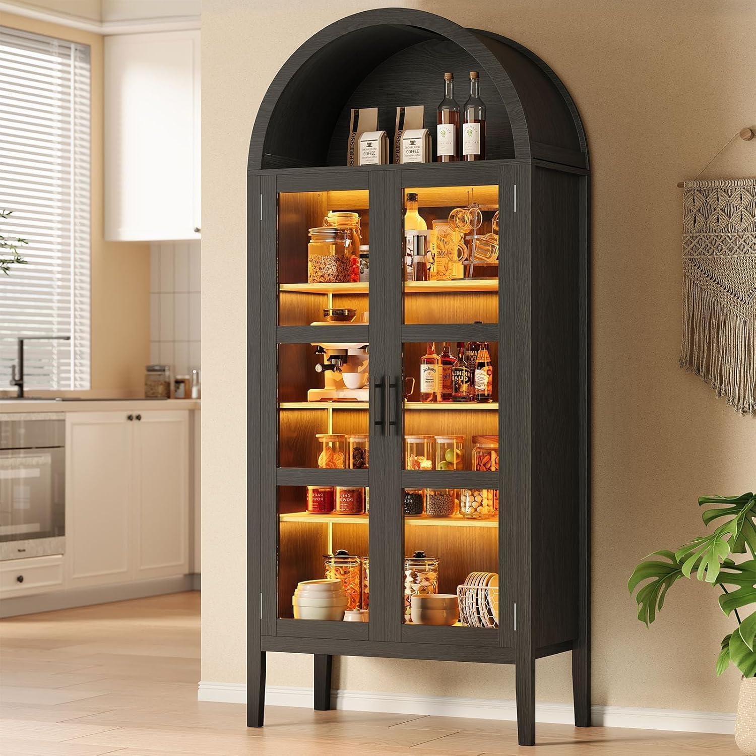Garvee Arched Kitchen Pantry Cabinet 70 Inch Tall Modern Arched Bookshelf with Glass Doors and Adjustable Shelves Elegant Display Cabinet for Kitchen Dining Room Living Room Black