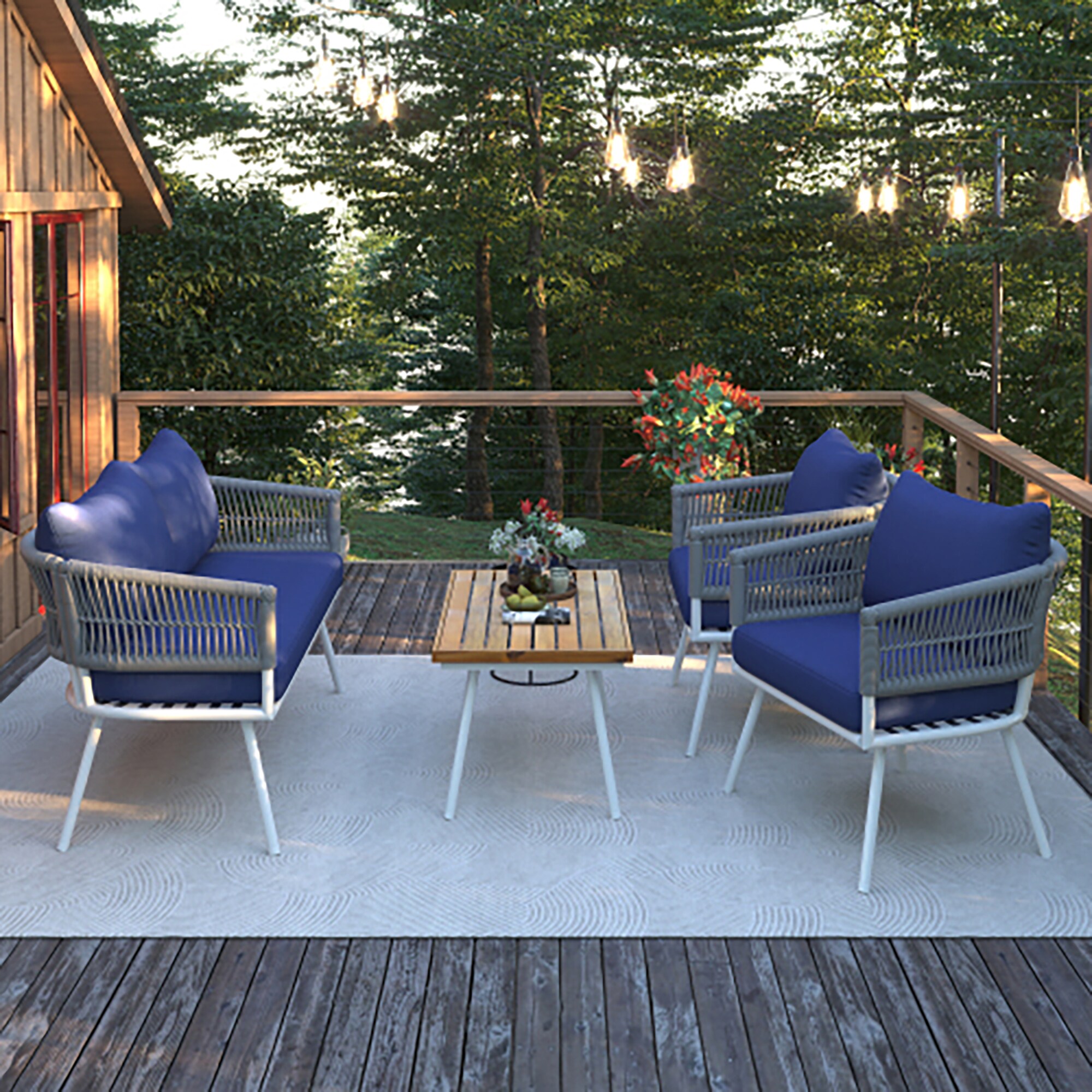Forclover ALKK-04ANY 4 -Piece Patio Sofa Conversation Set with Blue Cushions