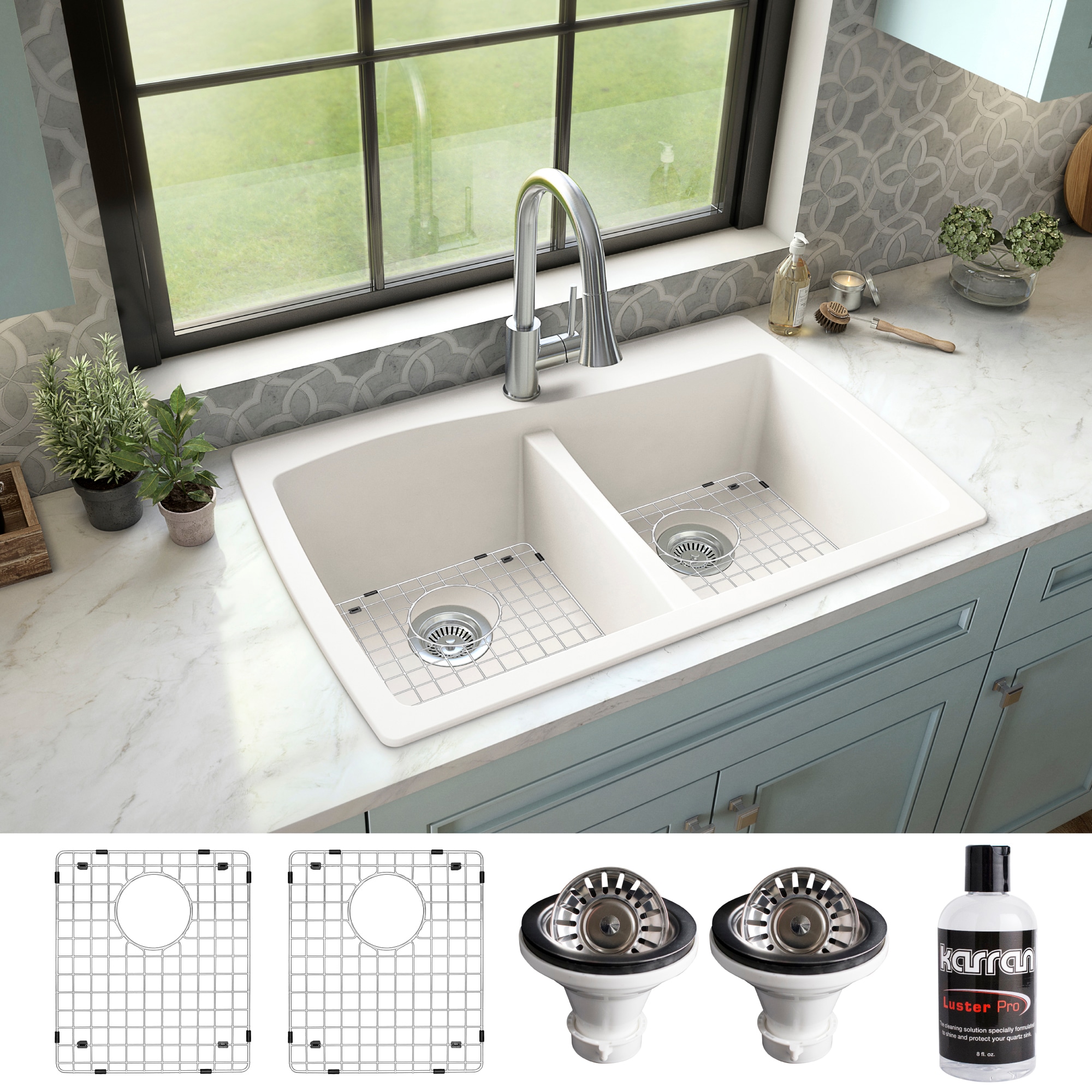 45 Black Quartz Kitchen Sink Double Bowl Drop-In Sink with Drain Board