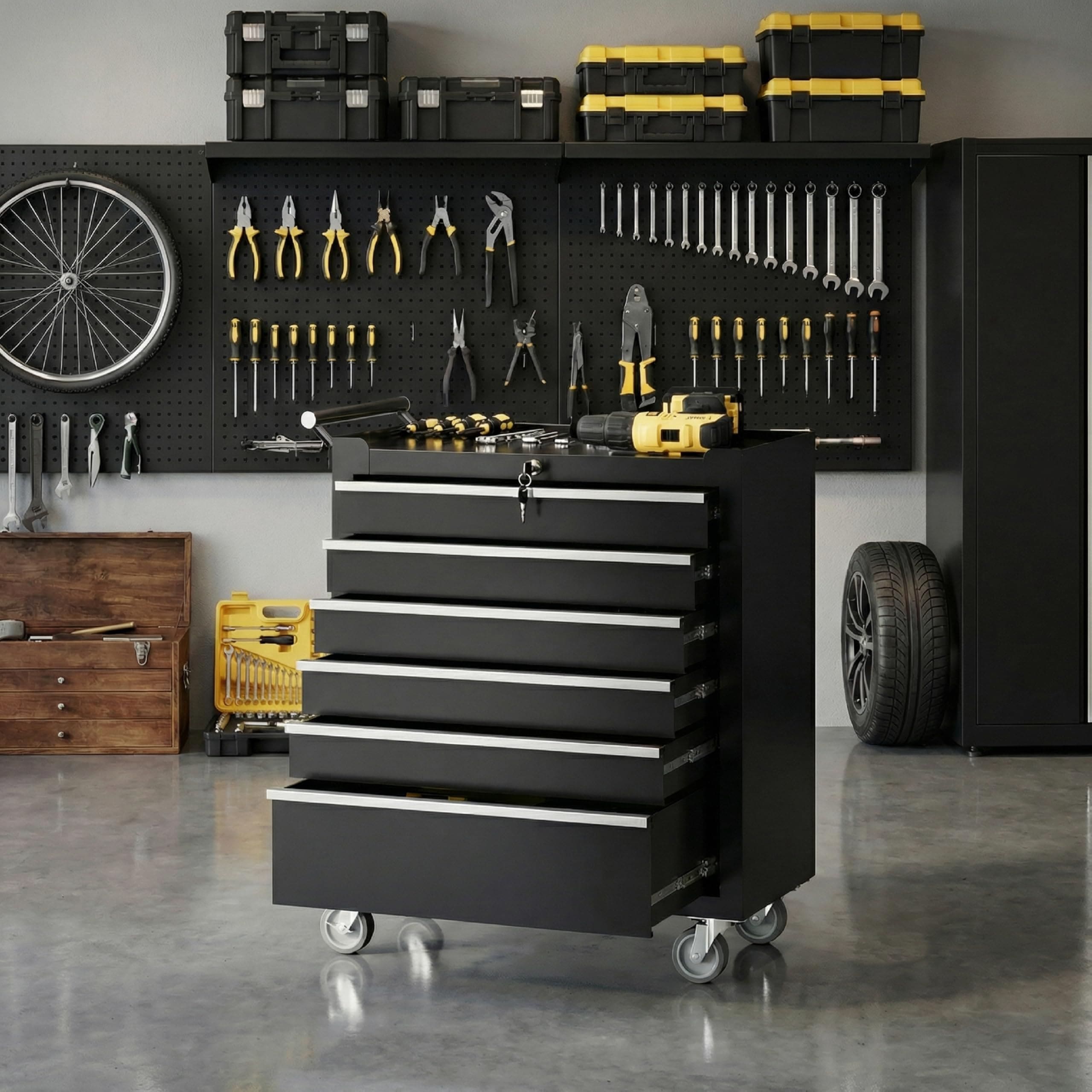 DEXSO 6 Drawers Rolling Tool Chest Portable Metal Tool Box with Wheels Lock System 24.34Dx13Wx30H Inch Black