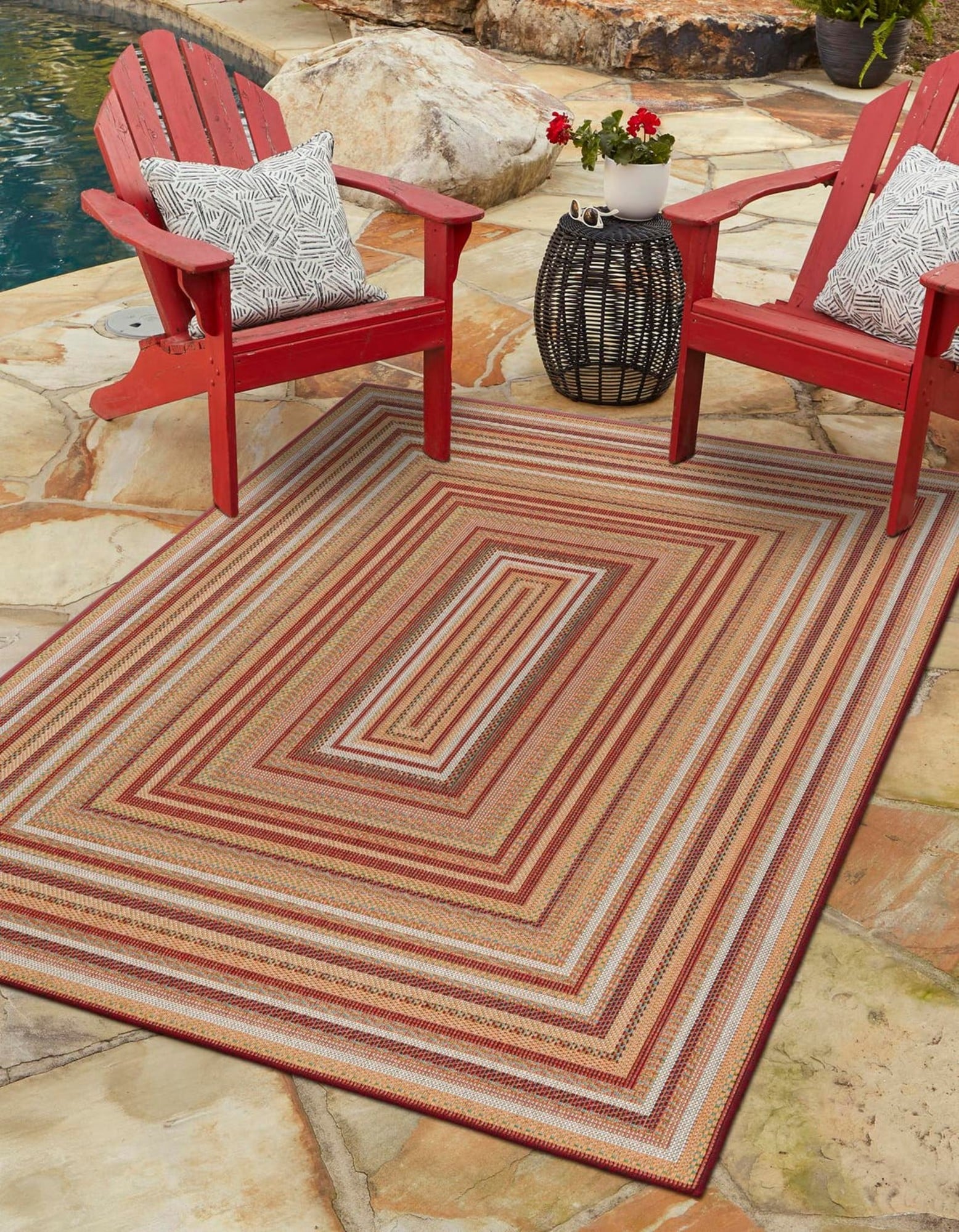 Unique Loom 3176955 Ensenada Baja Outdoor 5 x 8 (ft) Loomed Polypropylene Burgundy Rectangular Indoor/Outdoor Stripe Coastal Area rug