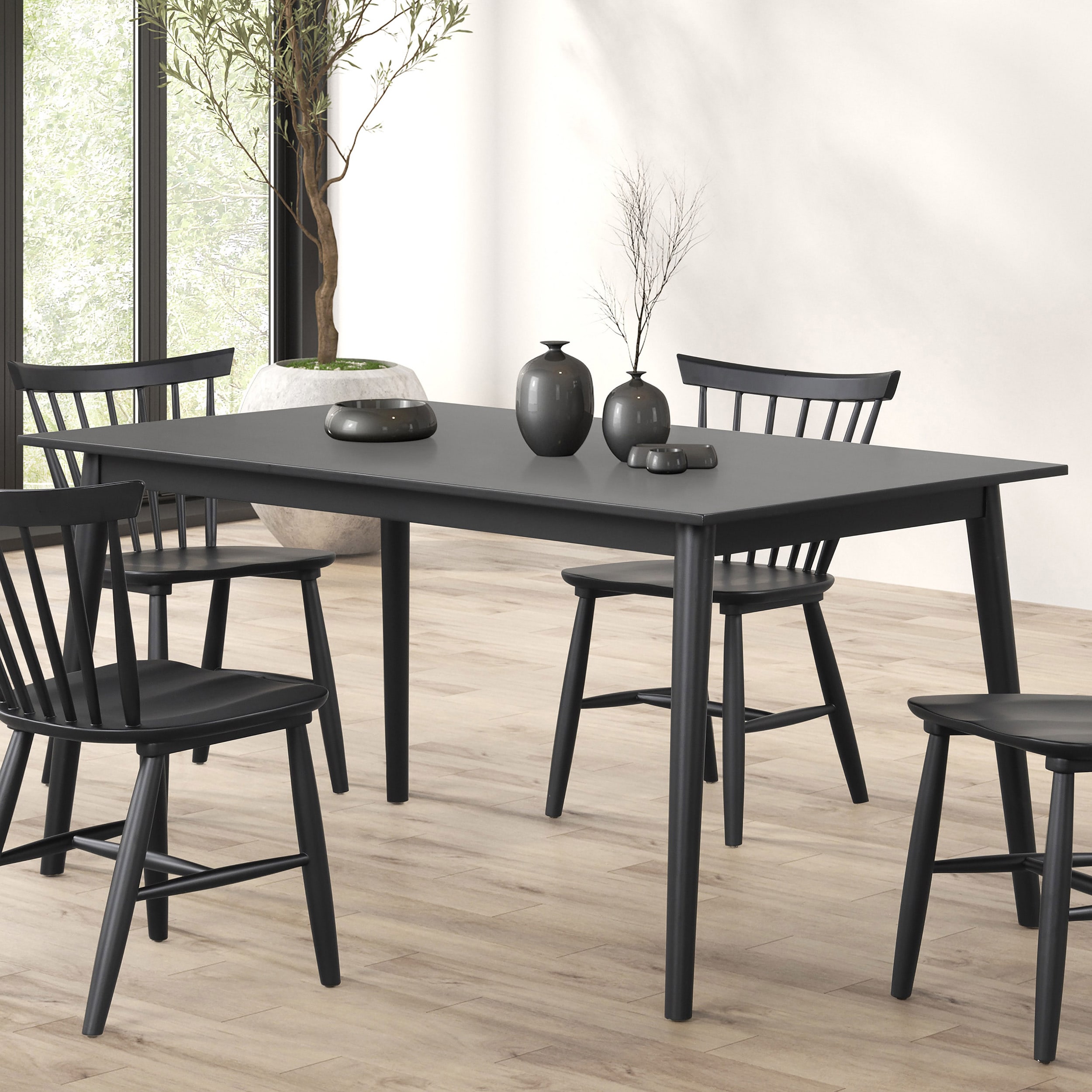 Black Solid Wood 60-Inch Rectangular Mid-Century Modern Dining Table