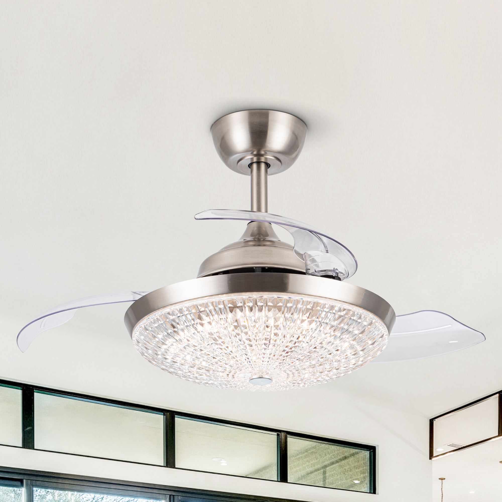 Parrot Uncle F3532SN110V 36-in Integrated LED Satin Nickel with Clear Blades Fandelier Ceiling Fan With Light - Remote Included ( 3 -Blade )