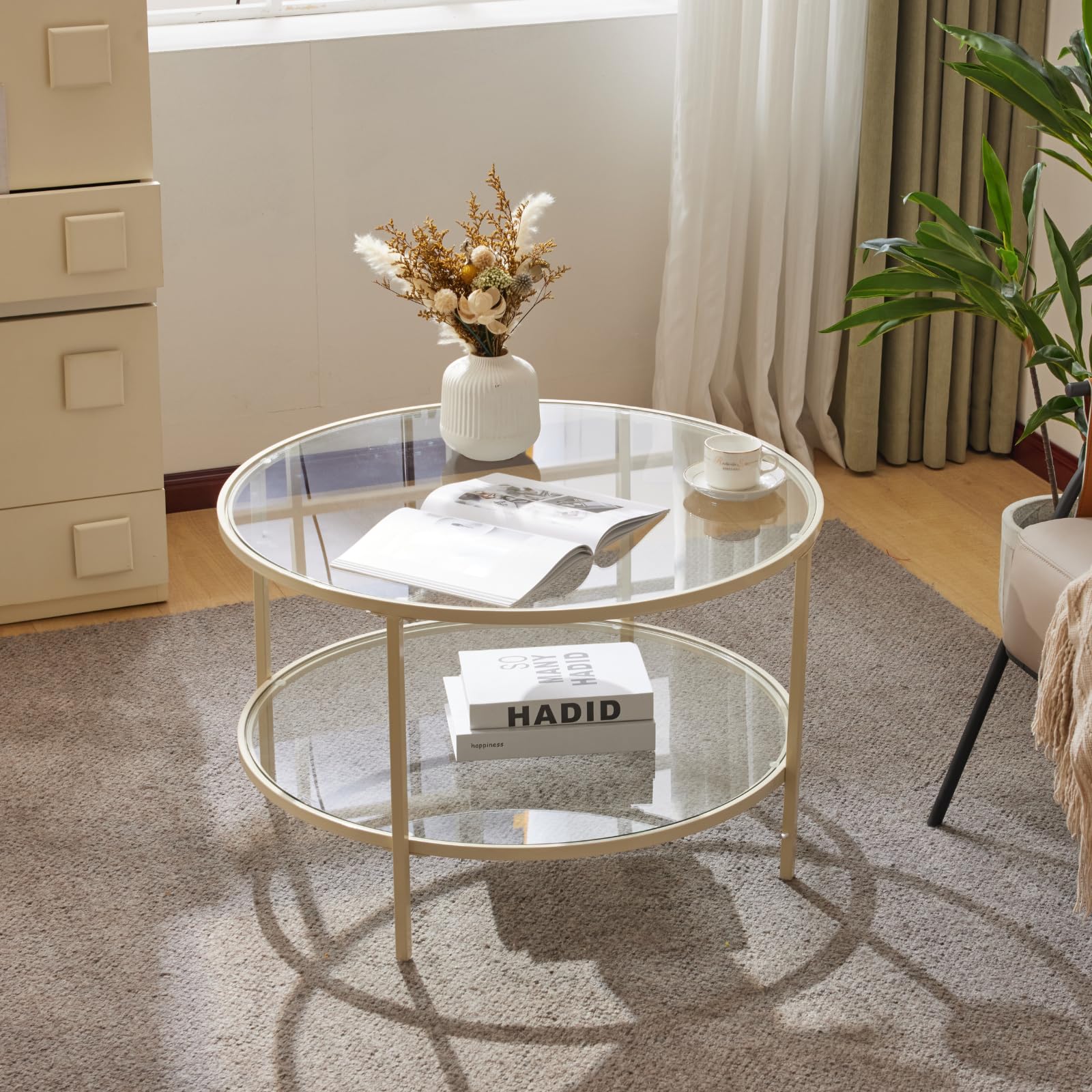 VINGLI 30W x 20H 2-Tier Coffee Table with Transparent Glass Top for Living Room Beige
