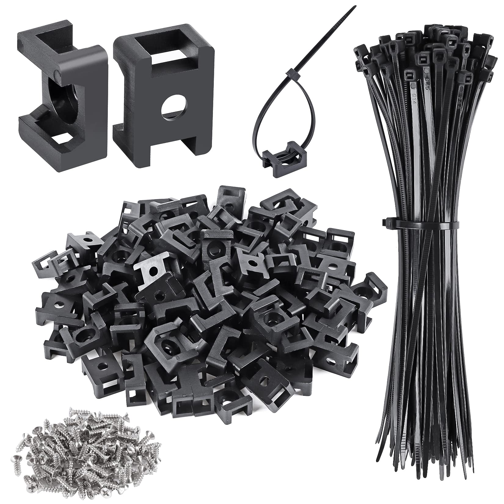 Afoxsos 100 Pieces Cable Zip Tie Saddle Type Mounts Base with Eight Inch Cable Ties and Tapping Screws Black durable home #LAF0823FA1468