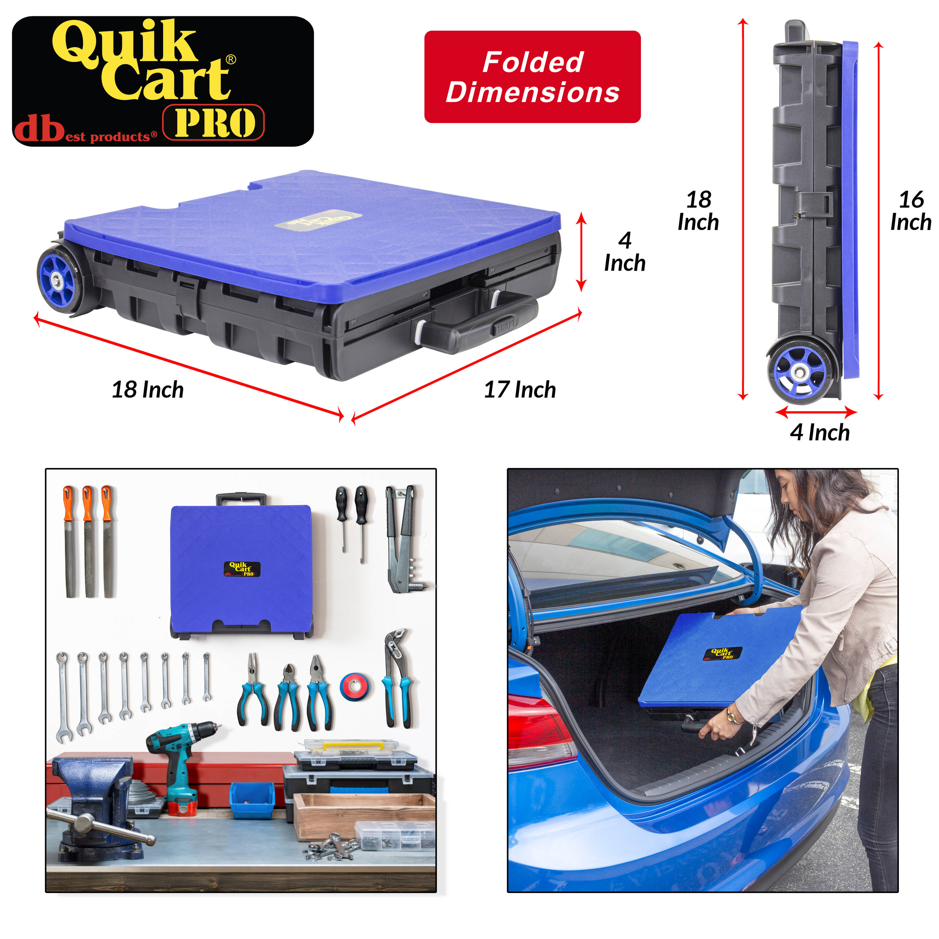 Blue and Black Aluminum Collapsible Wheeled Utility Cart with Seat