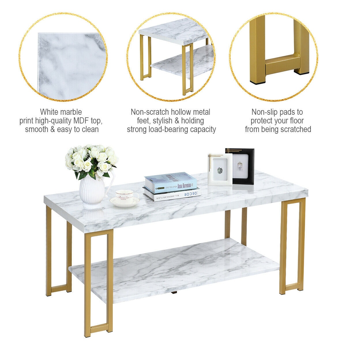 Elegant 46" Rectangular Wood and Faux Marble Coffee Table with Storage