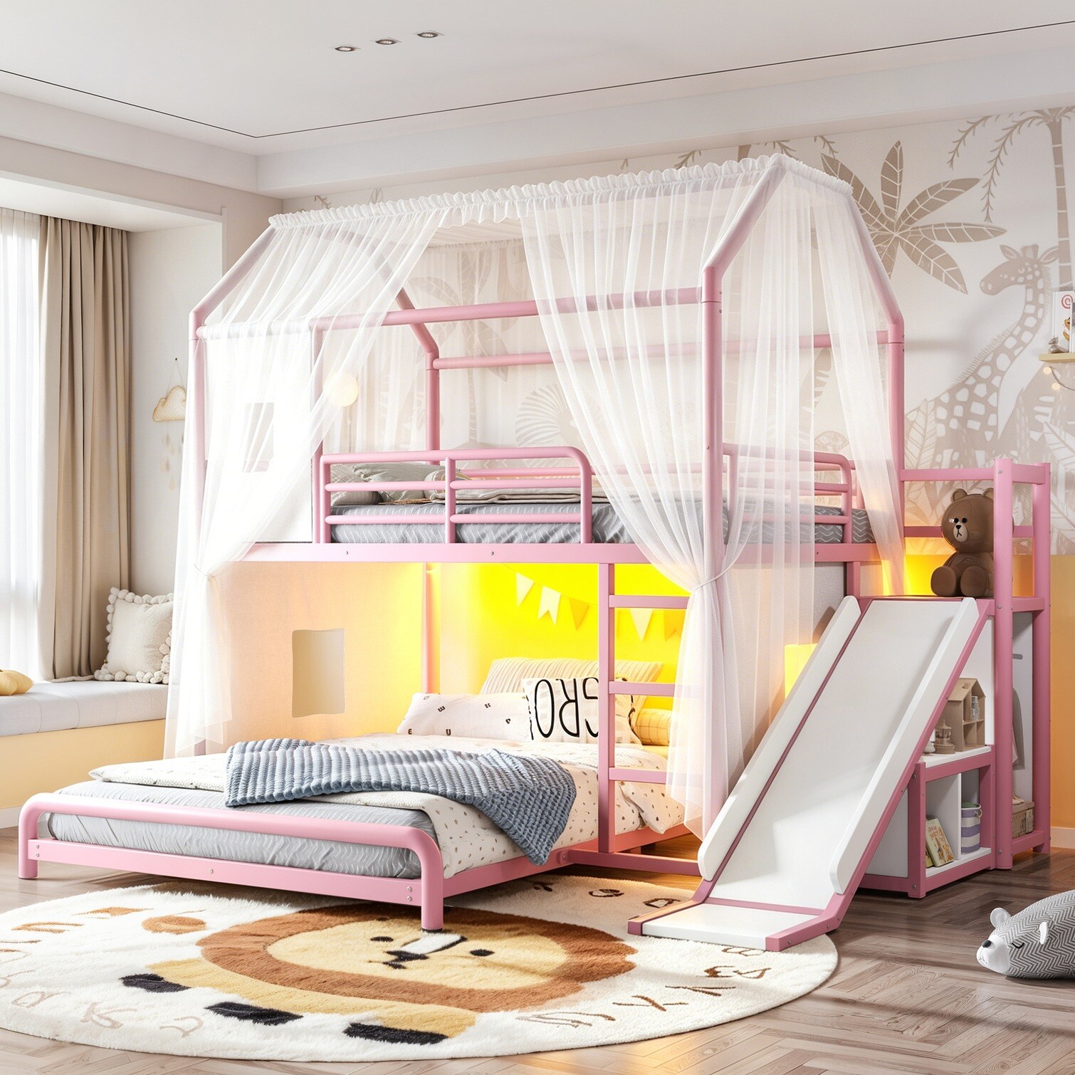 SunJet Full Over Full Metal Bunk Bed with Slide Ladder and Storage Soft ...