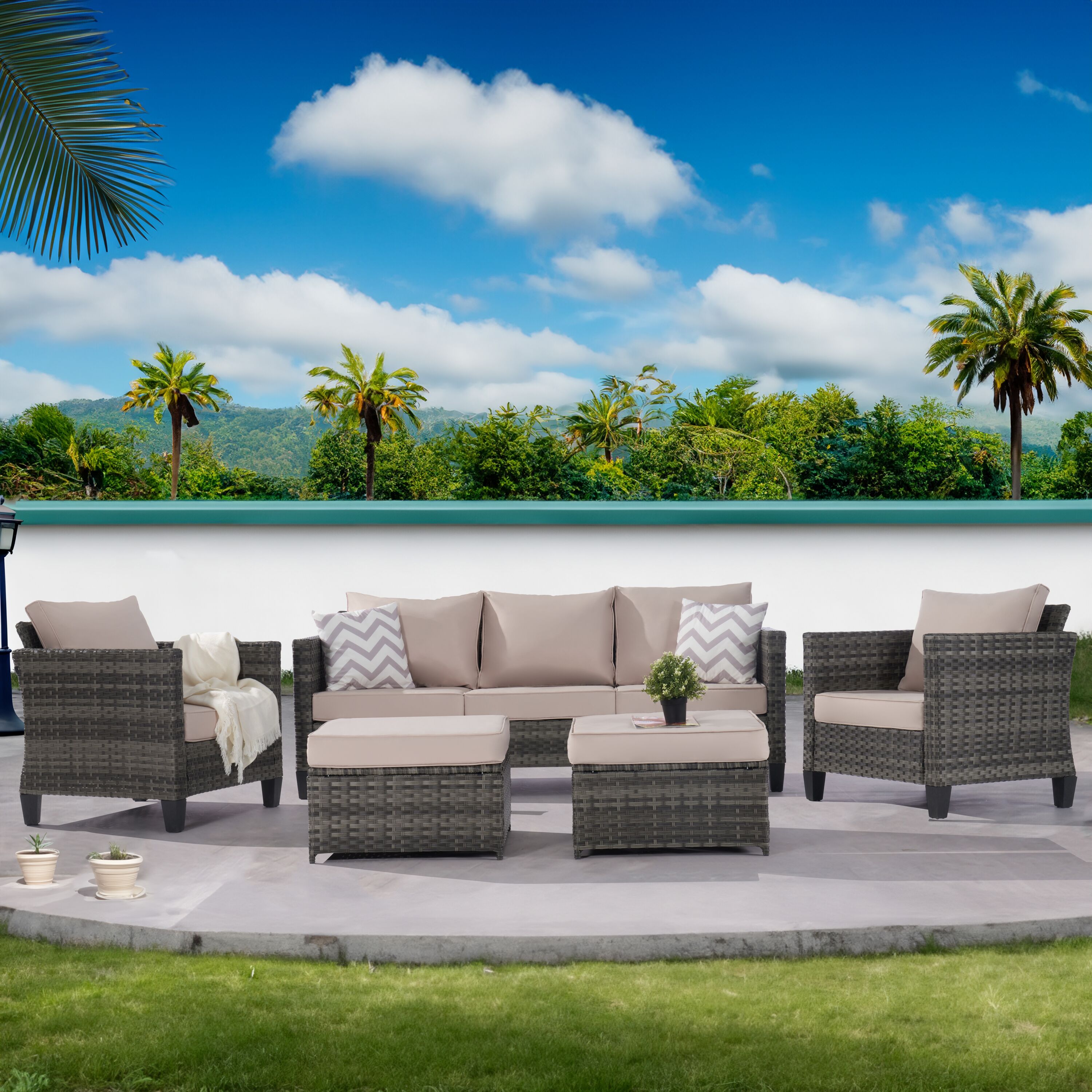 SANSTAR L-WS82SN-V1 5-Piece Wicker Patio Sofa Conversation Set with Brown Cushions
