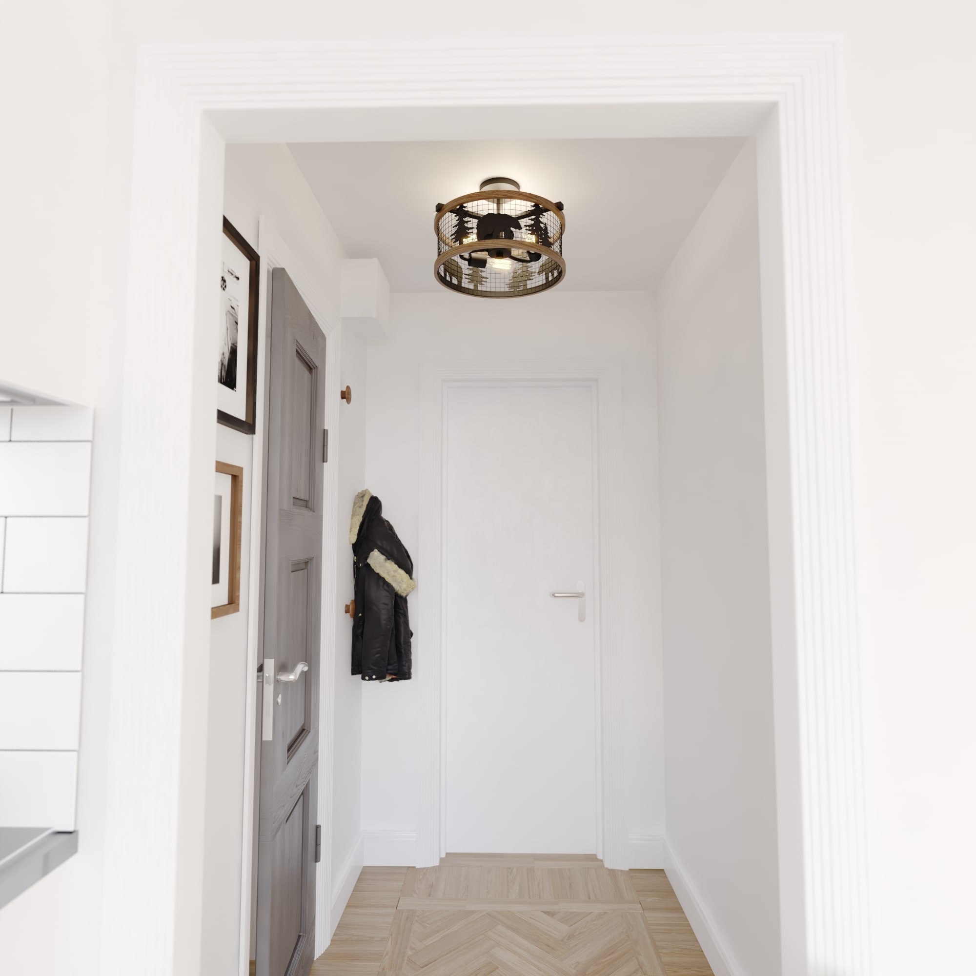 Kodiak Rustic Black and Teak 16" Drum Ceiling Light