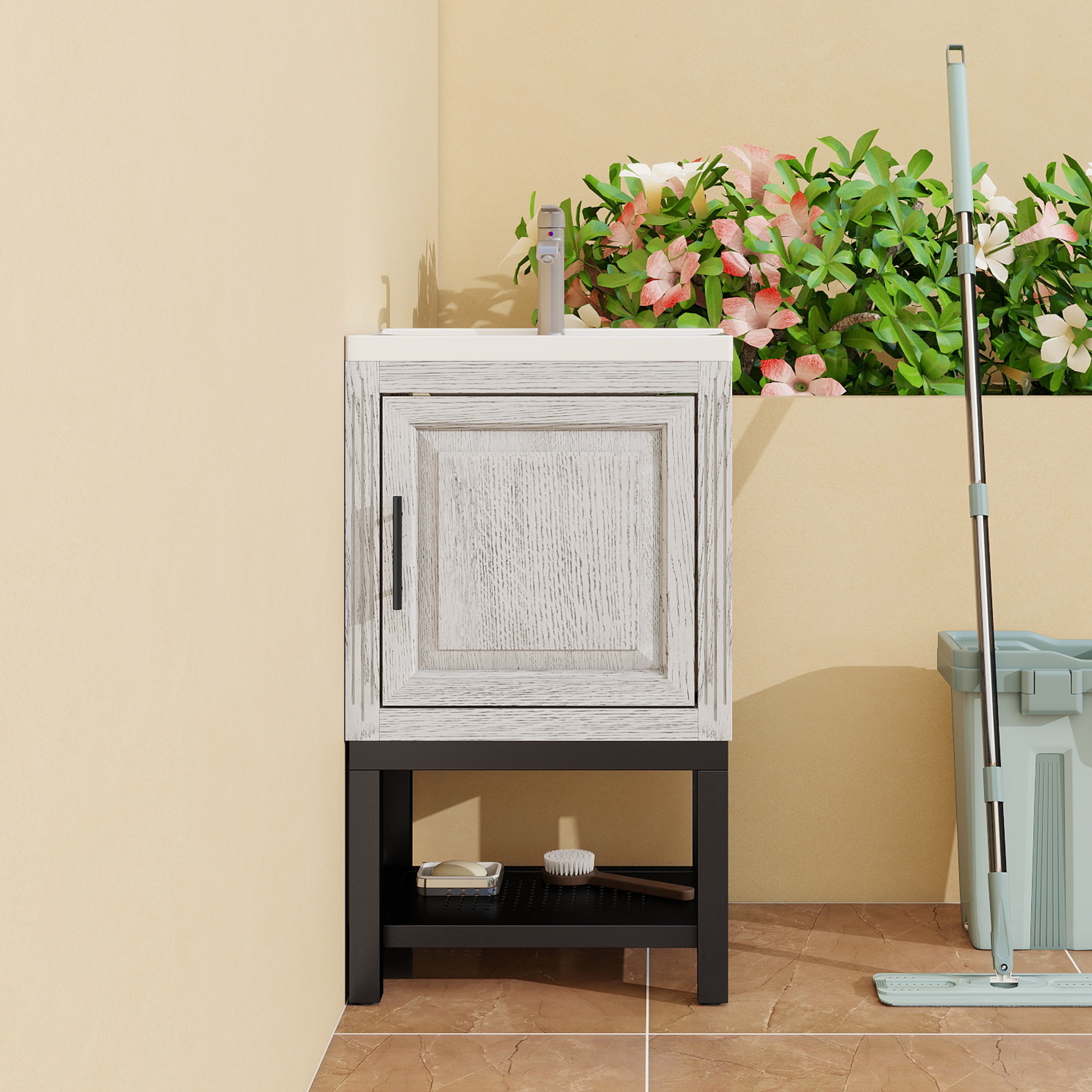 Wooakway 20 In White Freestanding Bathroom Vanity with Ceramic Sink Hot/Cold Faucet and Open Iron Shelf