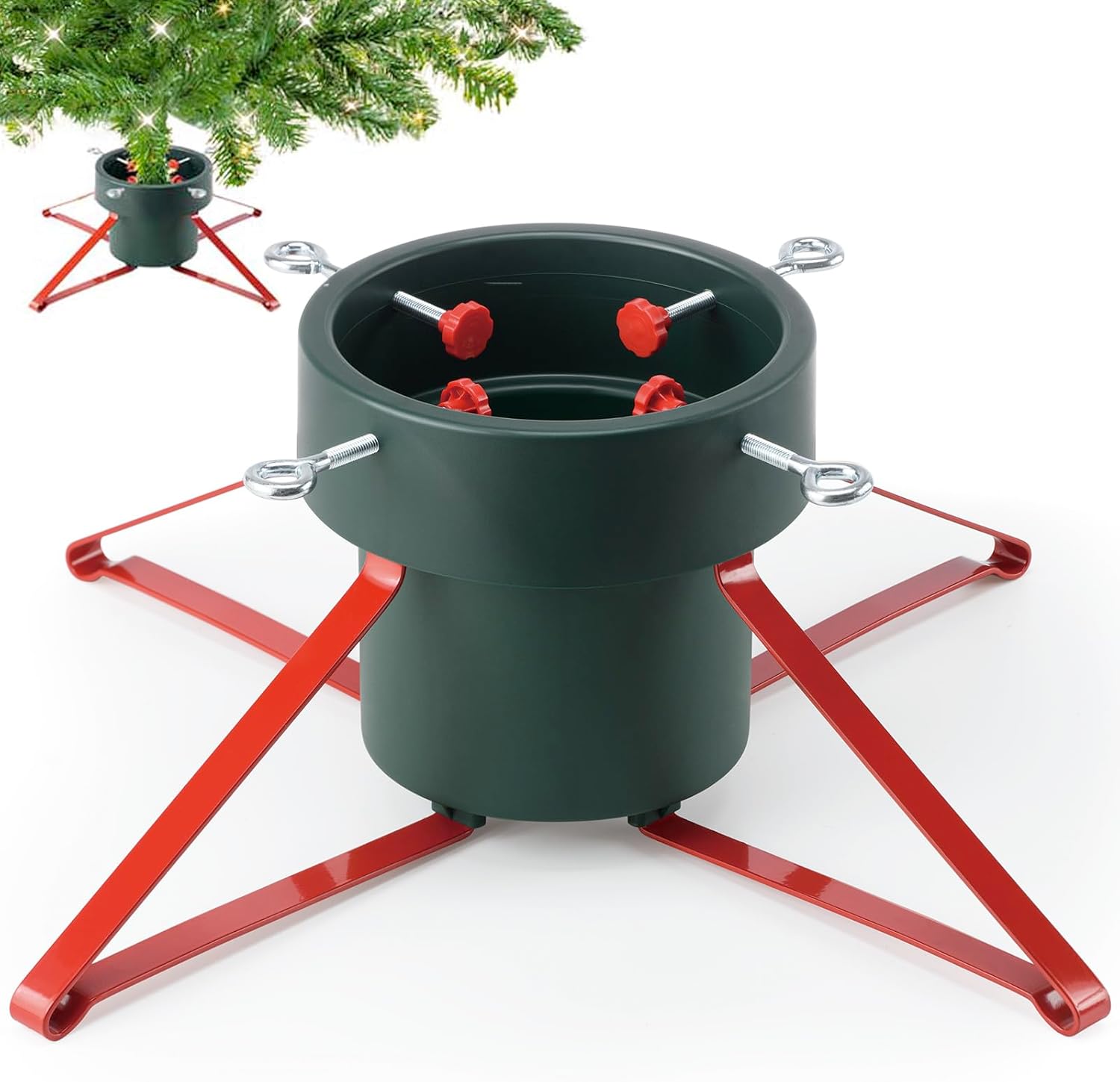 B-Cool CO-9Y5H-HDY Christmas Tree Stand for Real Trees Xmas Base Holder With Adjustable Legs for Seasonal Displays Home Decor Up to 7ft Tall Green Red L
