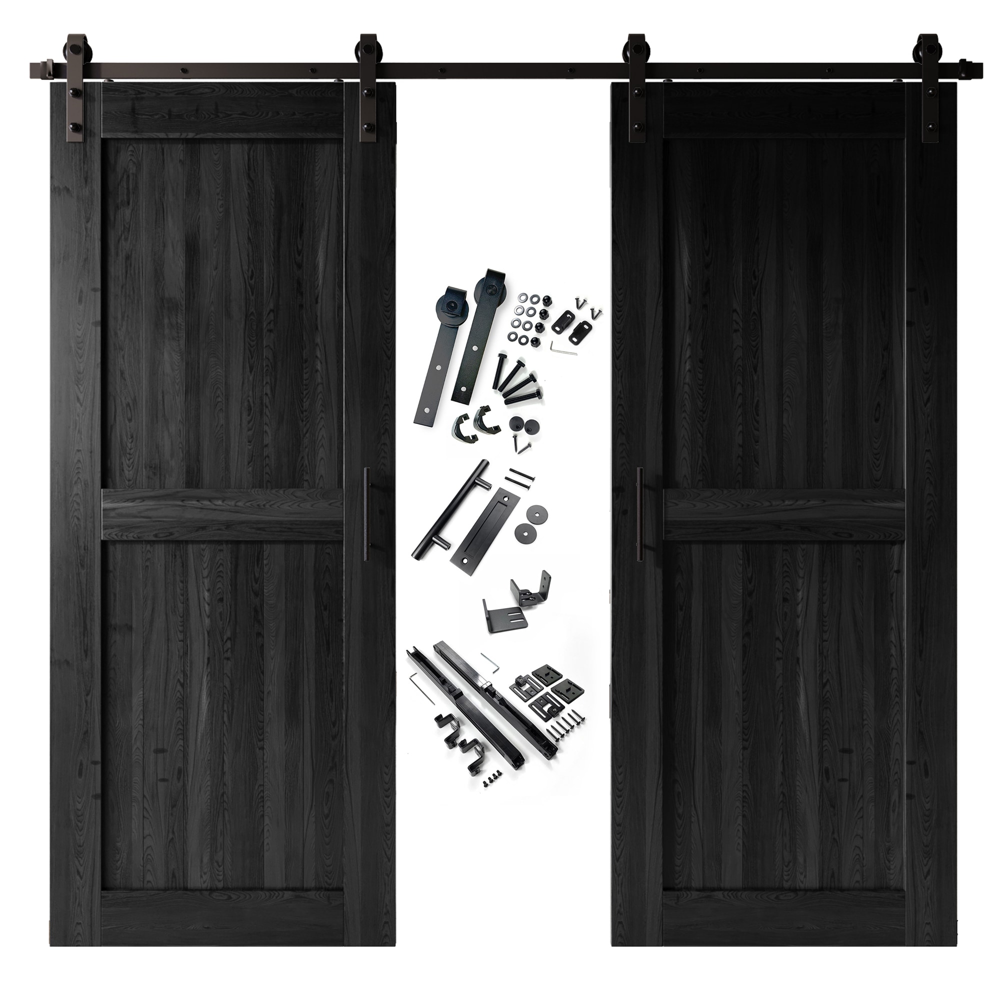 HOMACER YT2TGH156C-3696-H-BK 36-in x 96-in Black Prefinished Mid-Bar Pine Wood Solid core Double Barn Door (Hardware Included)