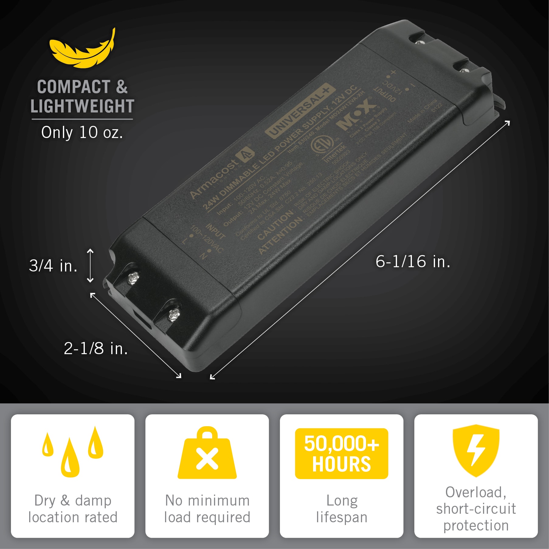 Black Compact Universal Dimmable LED Driver 12V DC, 24W