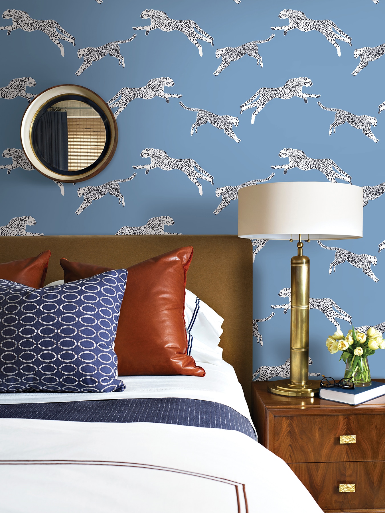 Sky Blue Vinyl Peel and Stick Wallpaper with Leaping Cheetah Design