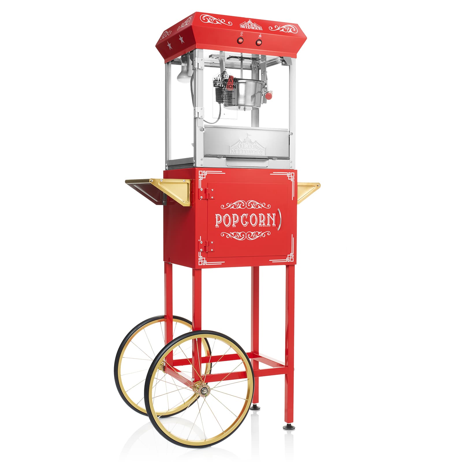 Olde Midway CON-POP-650-RED Vintage Style Popcorn Machine Popper w/ Cart in Red - 6-oz Kettle