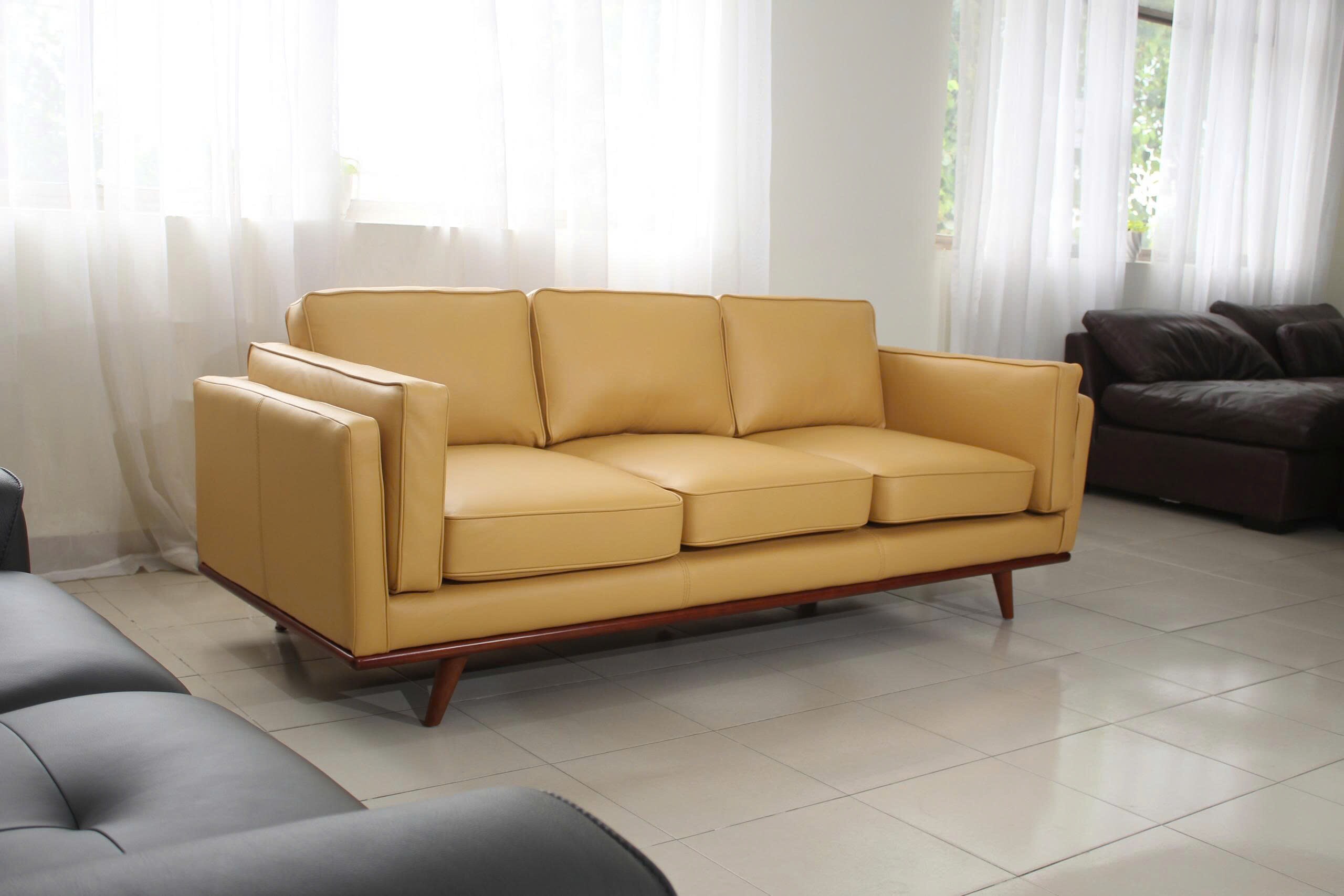 Mega Solutions Savoy Full All Around Front and Back Italian Leather Sofa 89 Inch Pure Full Solid Wood Accent Premium Plush Memory Foam Comfort Cushioned (Mustard)